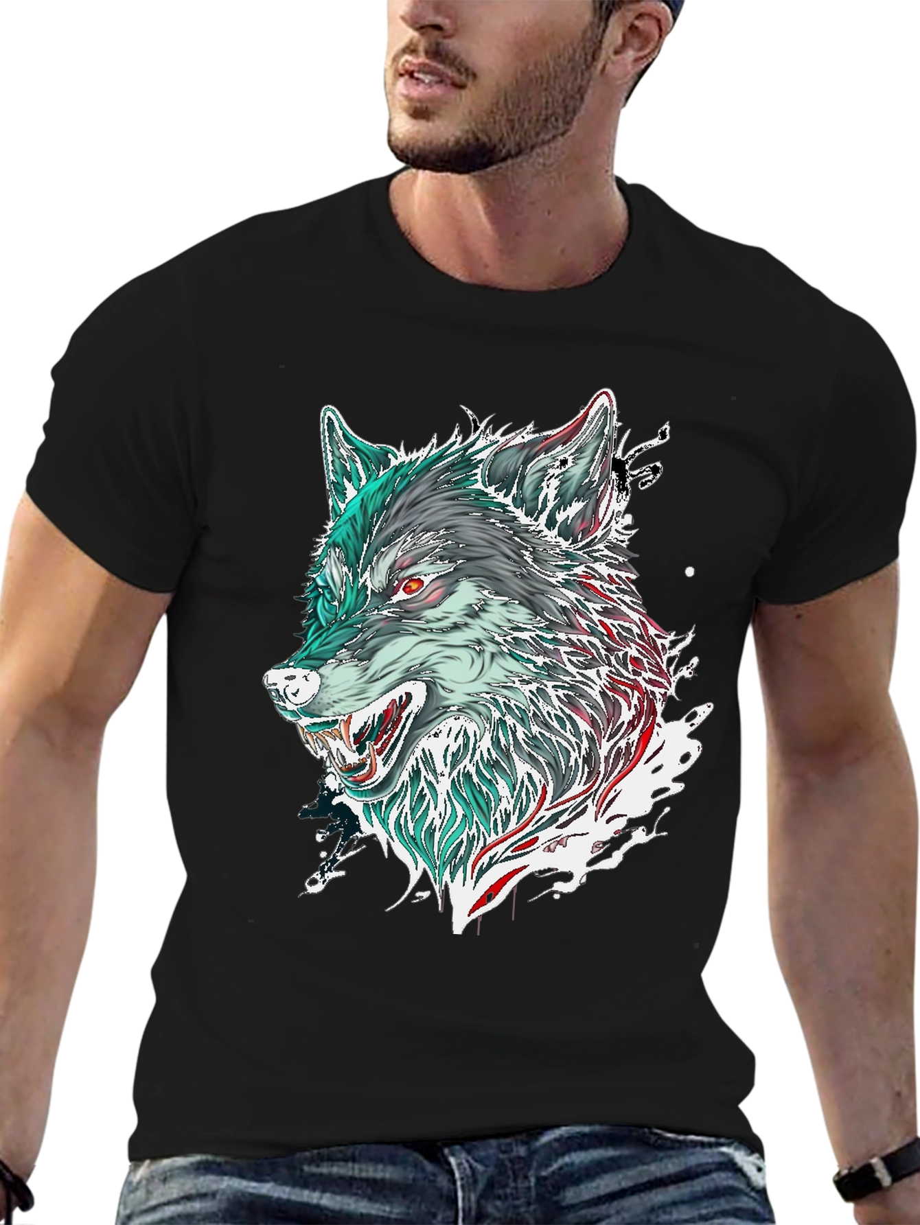 Black Wolf Graphic Print Black T-Shirt view 6