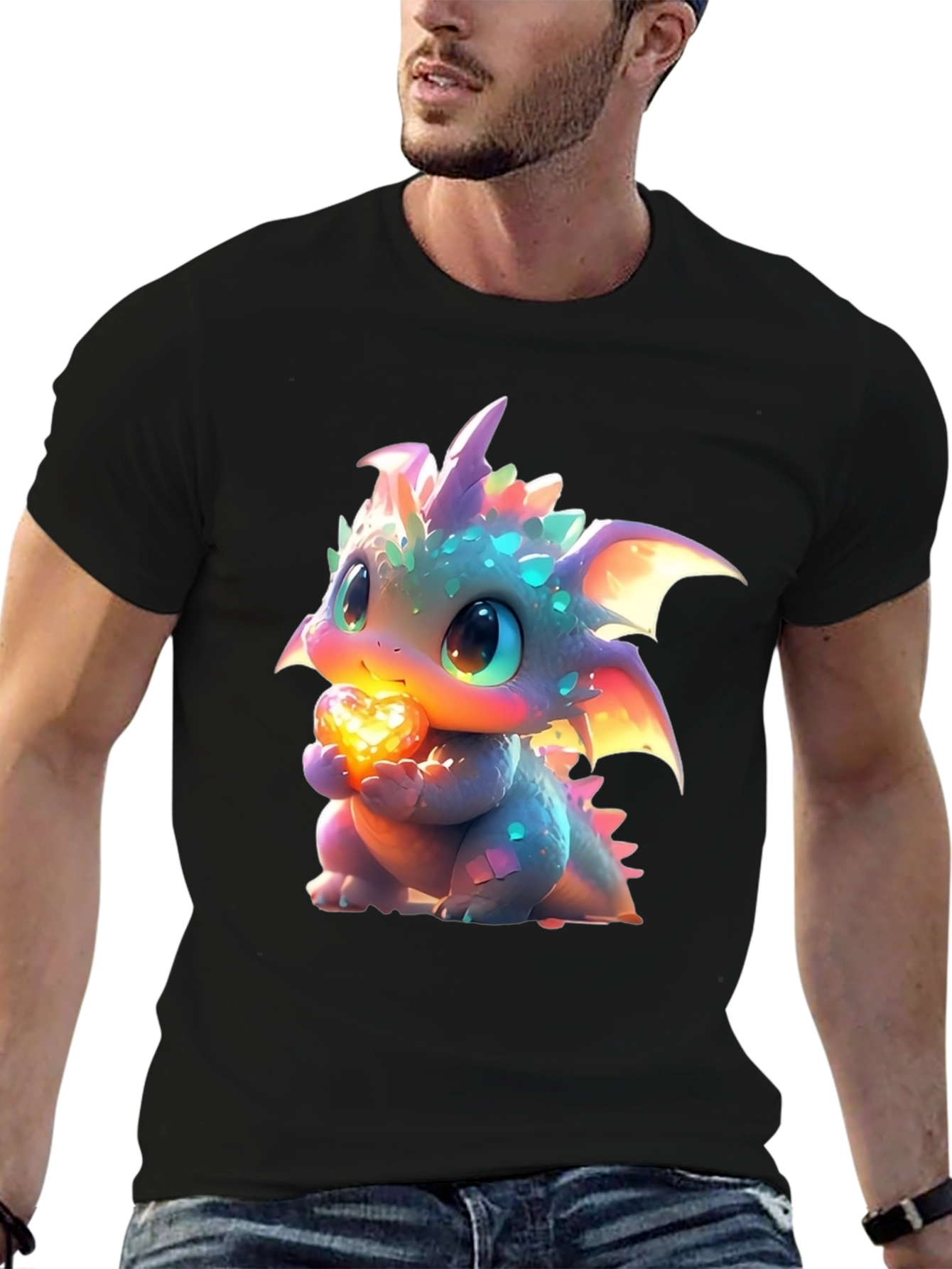 Black Cute Dragon Holding Heart Graphic T-Shirt view 6