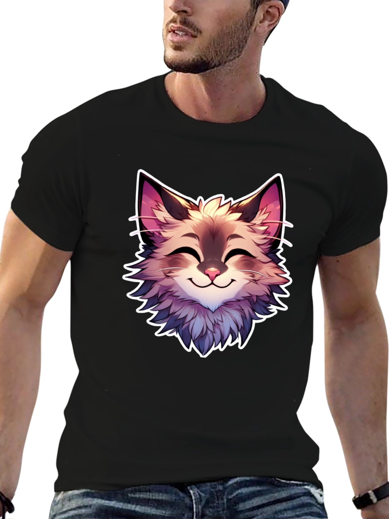 Black Cute Cartoon Cat Graphic Black T-Shirt view 6