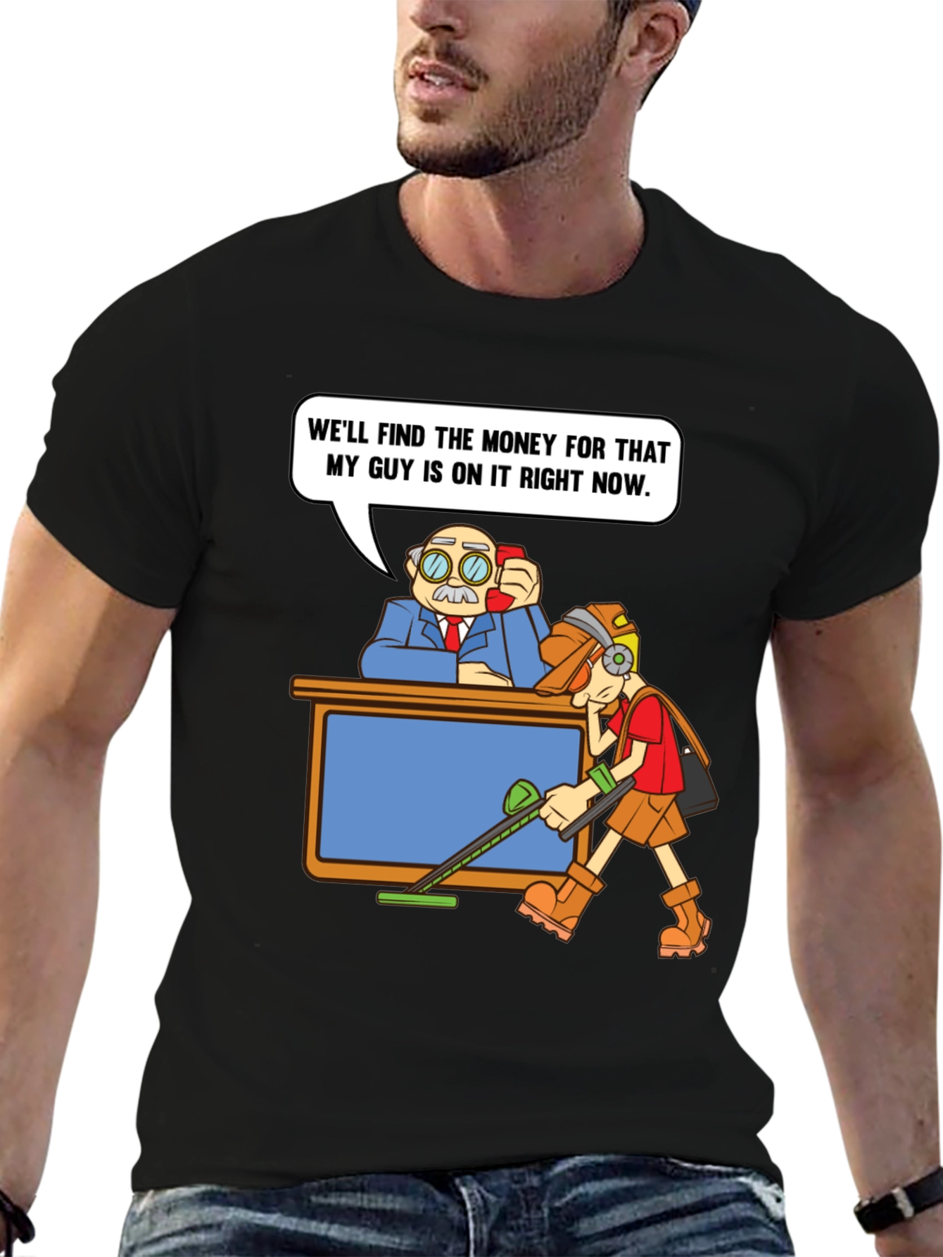 Black Humorous T-Shirt: Money Recovery Cartoon view 6