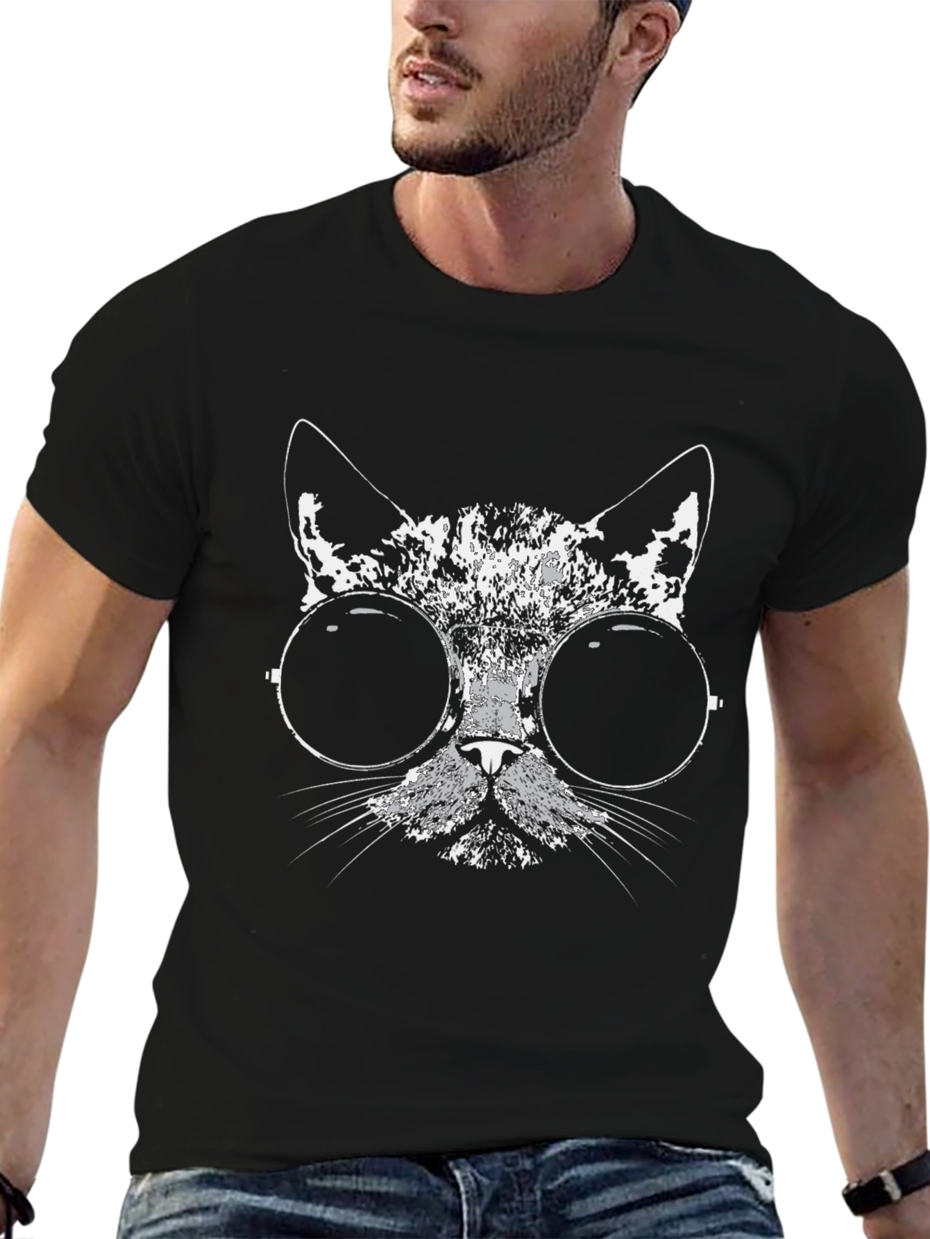 Black Cool Cat Graphic Tee - Black Cotton Blend view 6