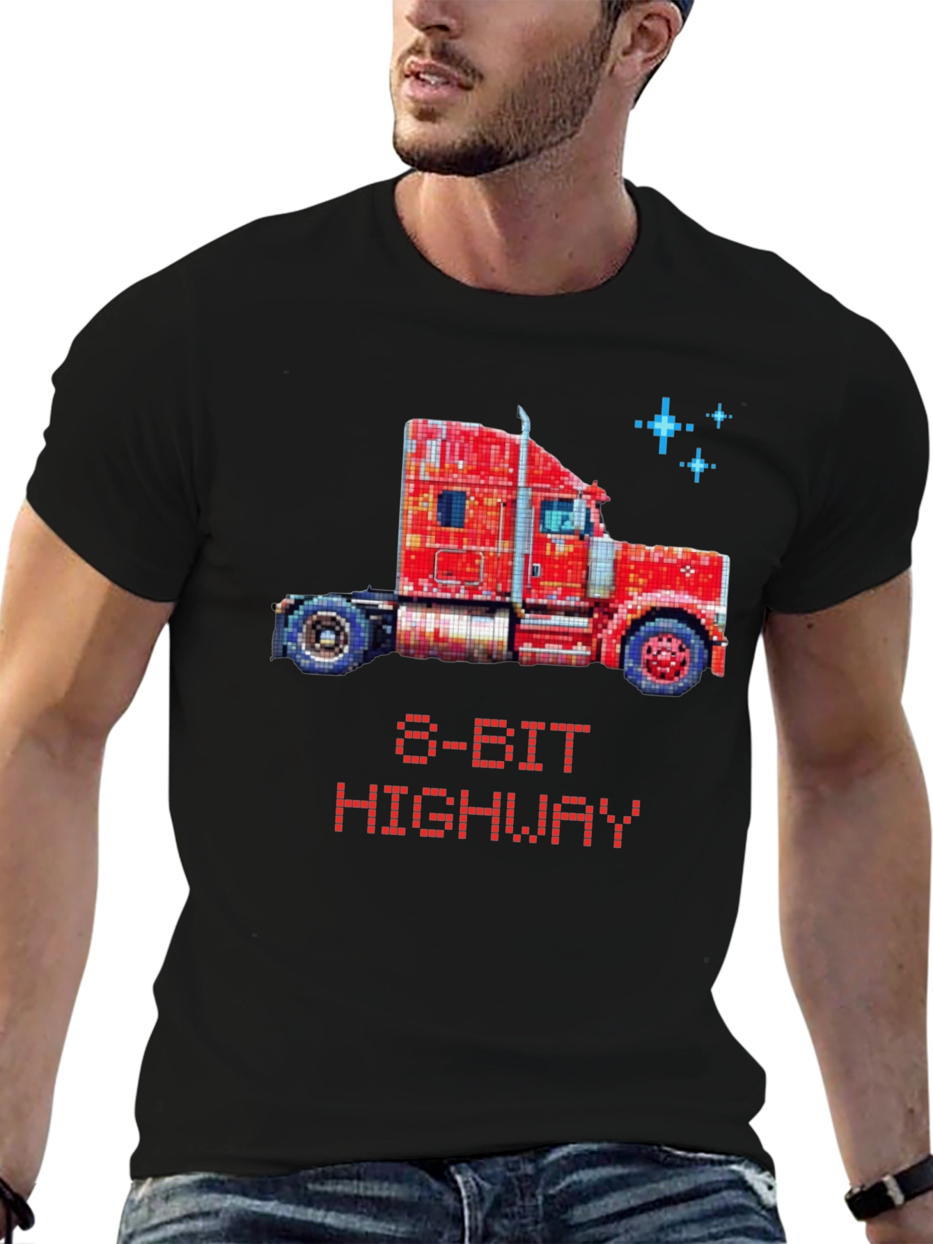 Black 8-Bit Highway Trucker T-Shirt - Retro Gaming Style view 6