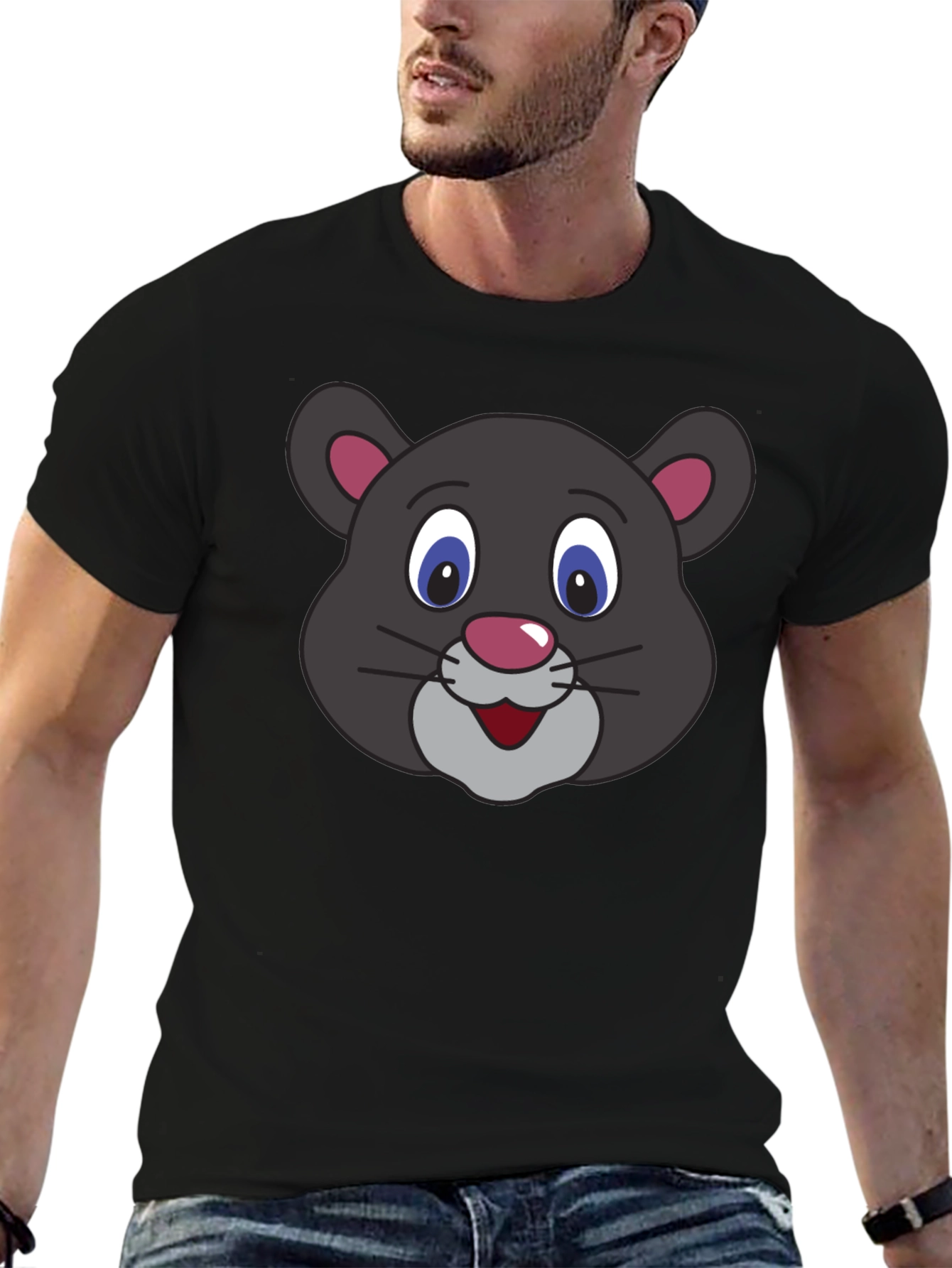 Black Cute Cartoon Panther Face Black T-Shirt view 6