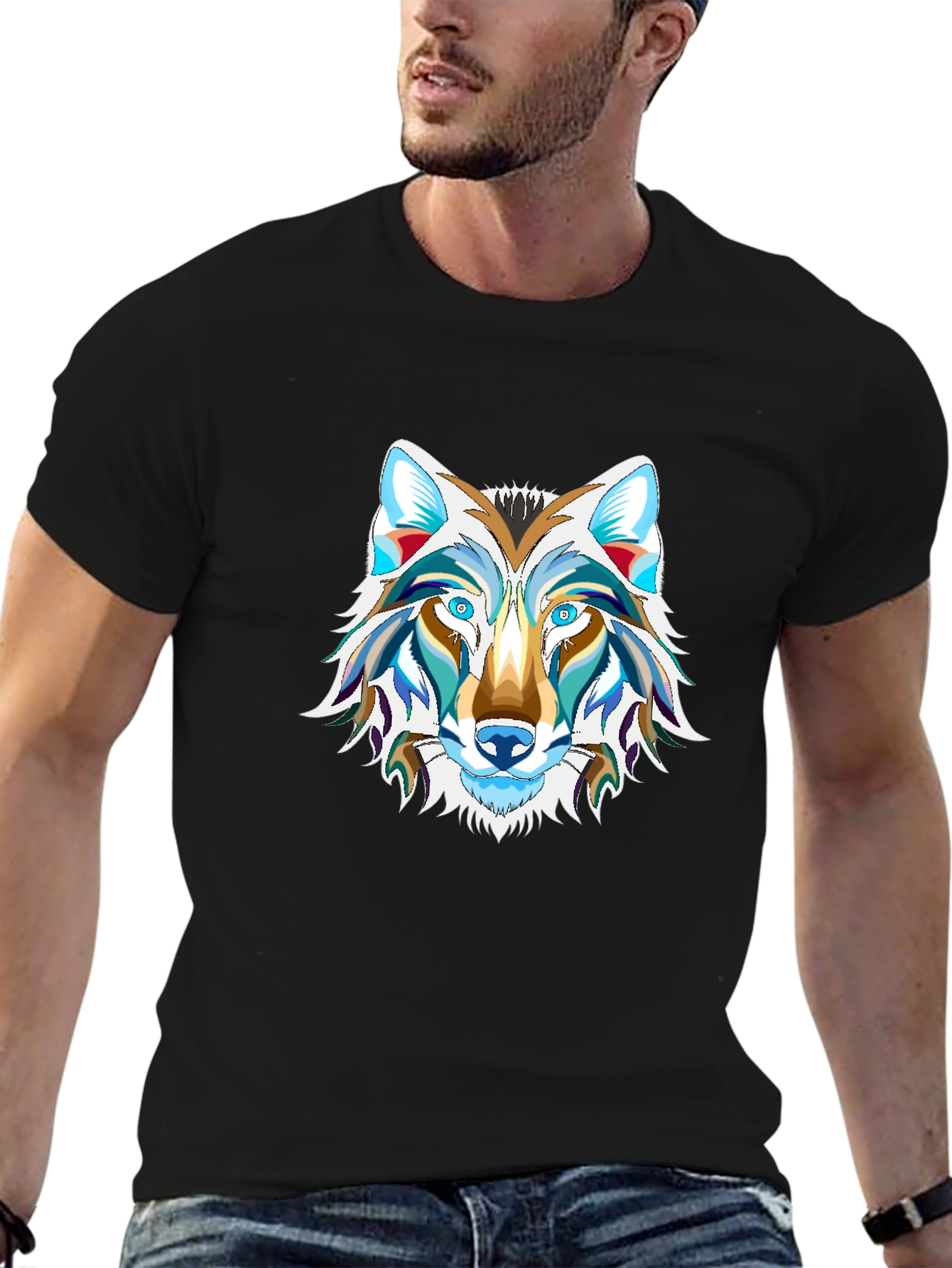 Black Men's Black Graphic Tee - Wolf Design view 6