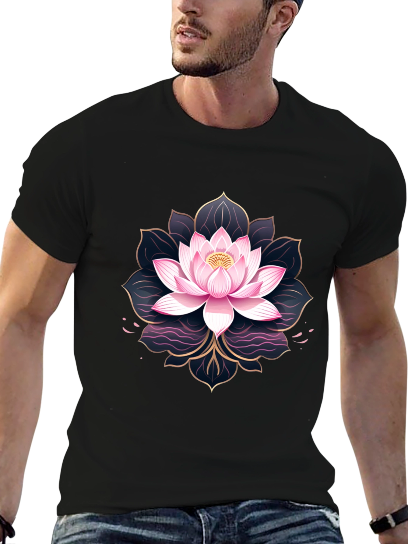 Black Lotus Flower Graphic Print Men's Black T-Shirt view 6