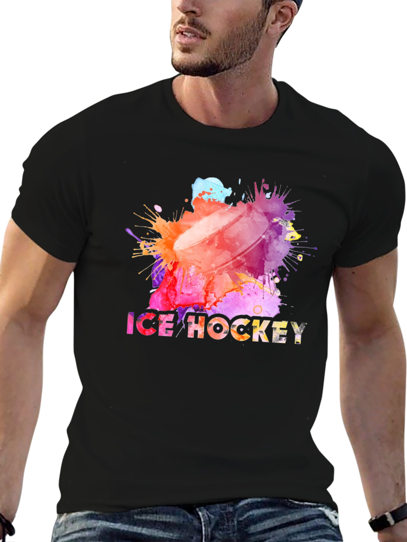 Black Watercolor Ice Hockey Graphic T-Shirt view 6