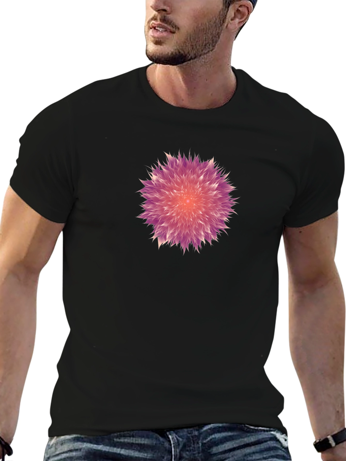 Black Men's Black T-Shirt with Burst Design view 6