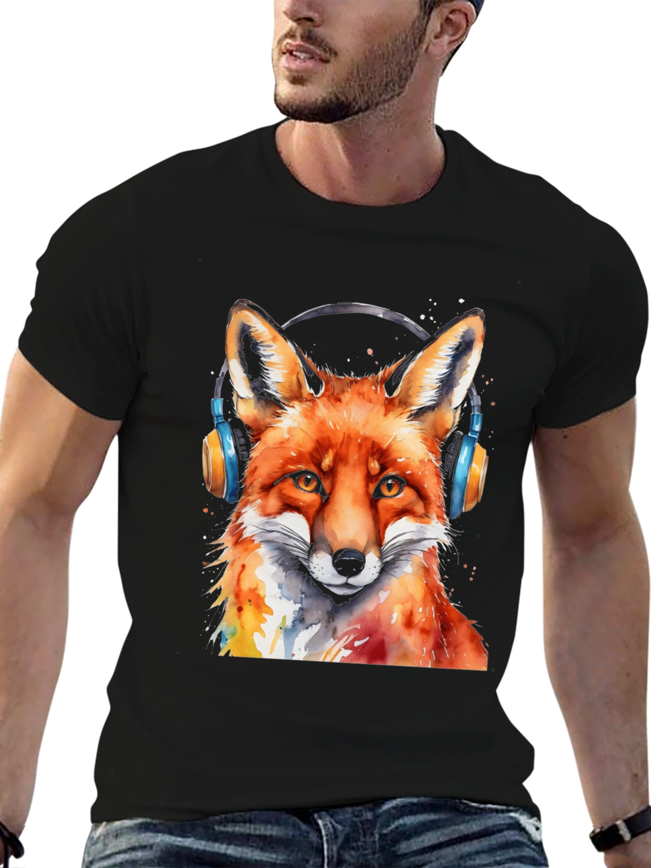 Black Cool Fox Headphones T-Shirt view 6