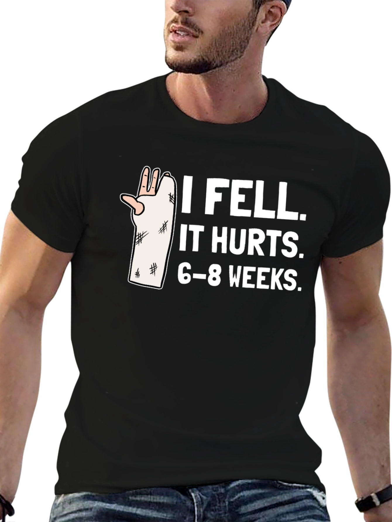 Black I Fell It Hurts Funny Broken Arm T-Shirt view 6