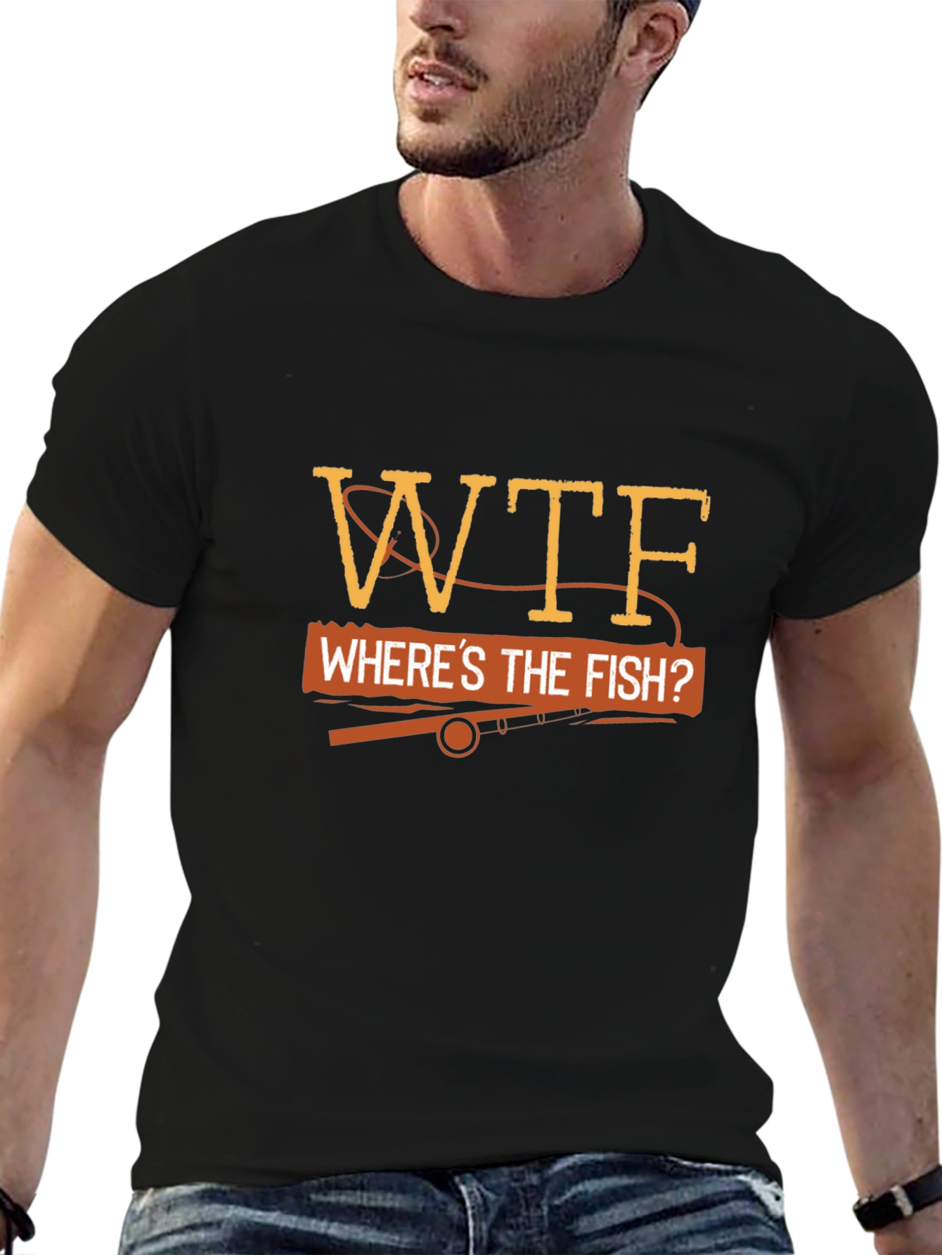 Black WTF Where's The Fish? Fishing T-Shirt view 6