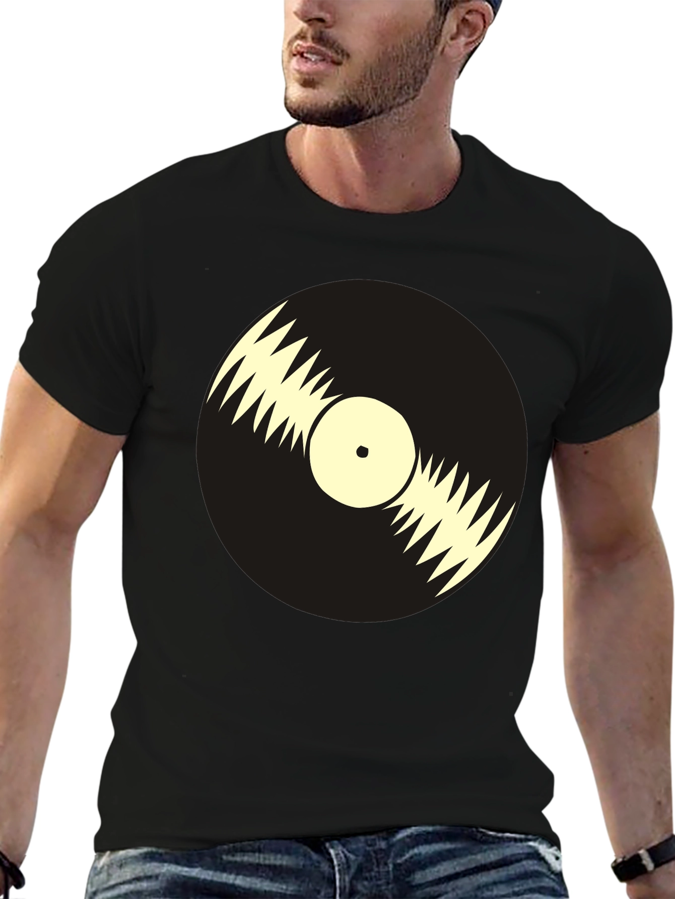 Black Retro Vinyl Record Graphic Tee - Black Cotton T-Shirt view 6