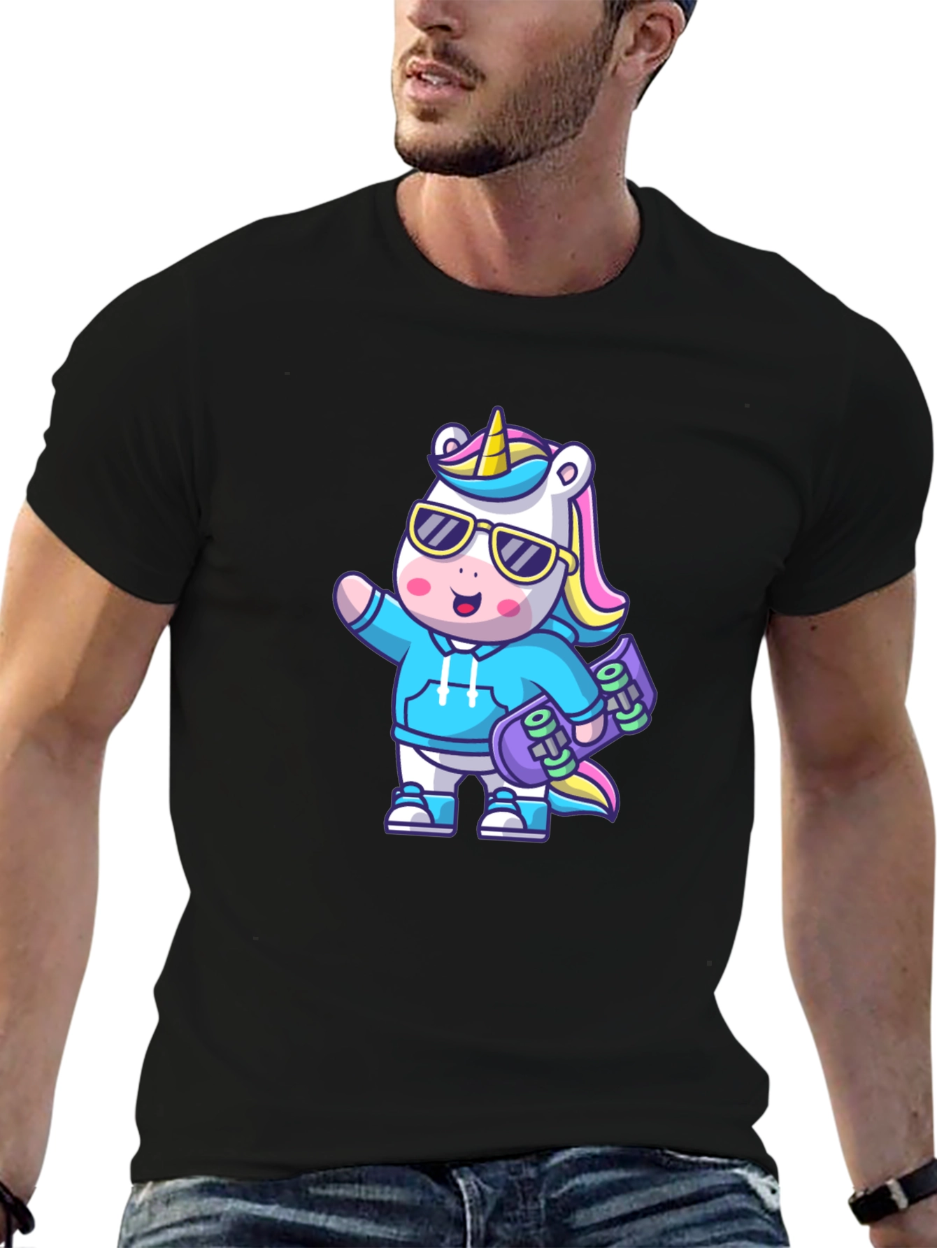Black Cool Unicorn Skateboard T-Shirt view 6
