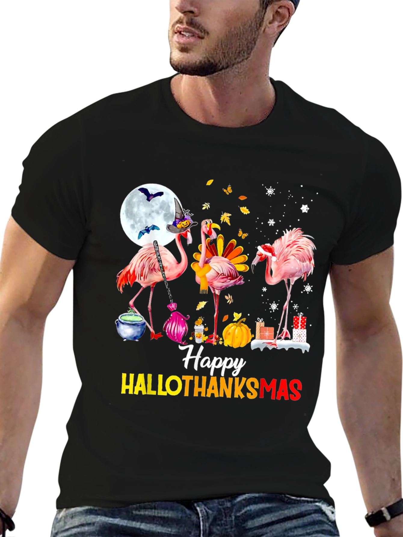 Black Happy HALLOTHANKS Christmas Flamingo T-Shirt view 6