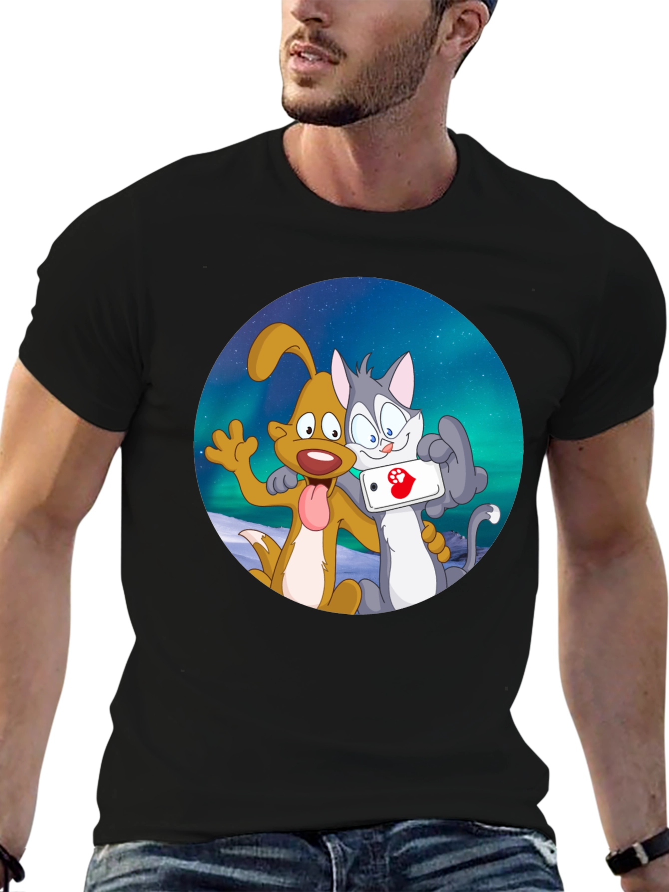 Black Cartoon Dog and Cat Selfie Black T-Shirt view 6