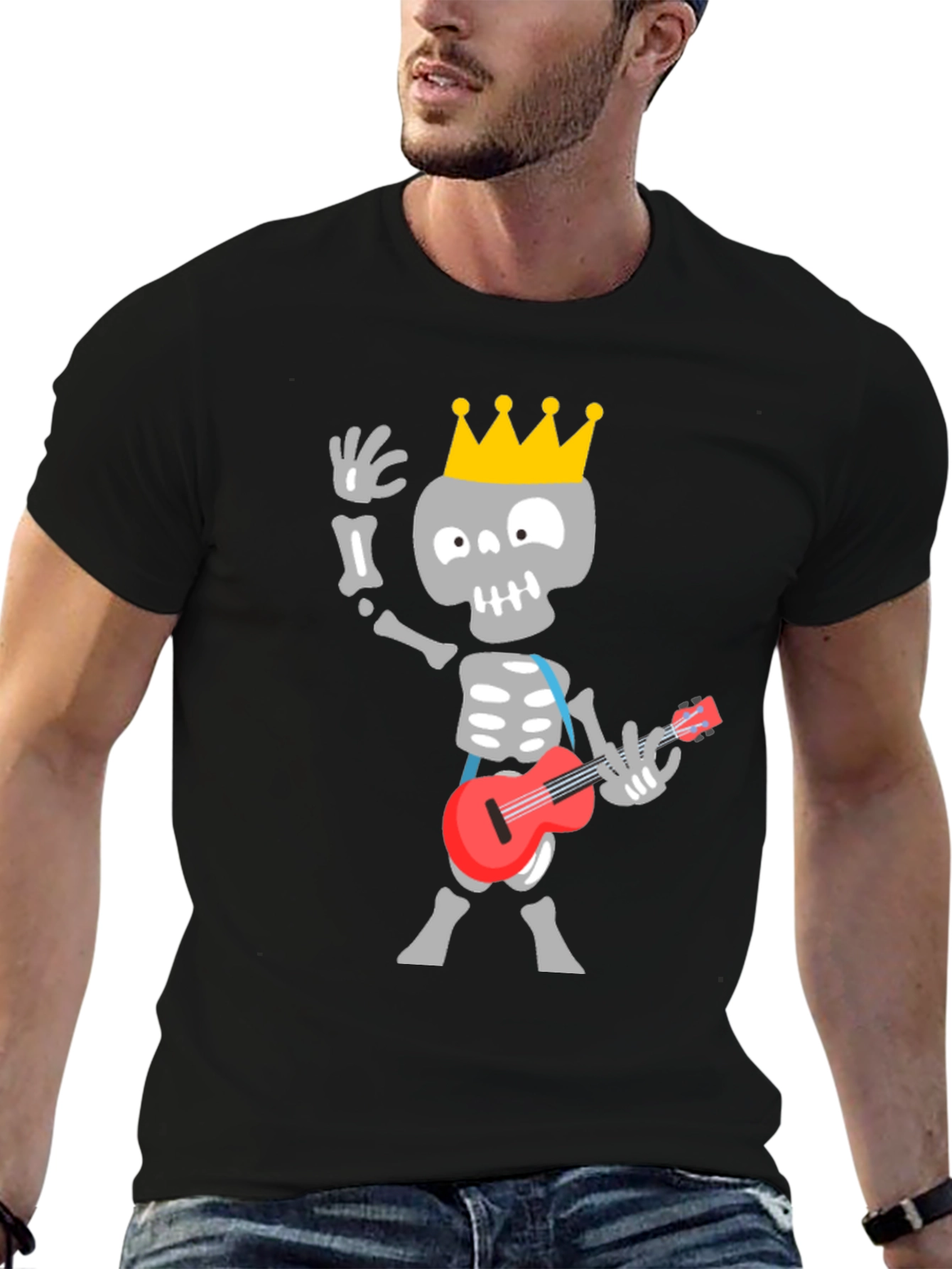 Black Skeleton King Guitar Player Black T-Shirt view 6