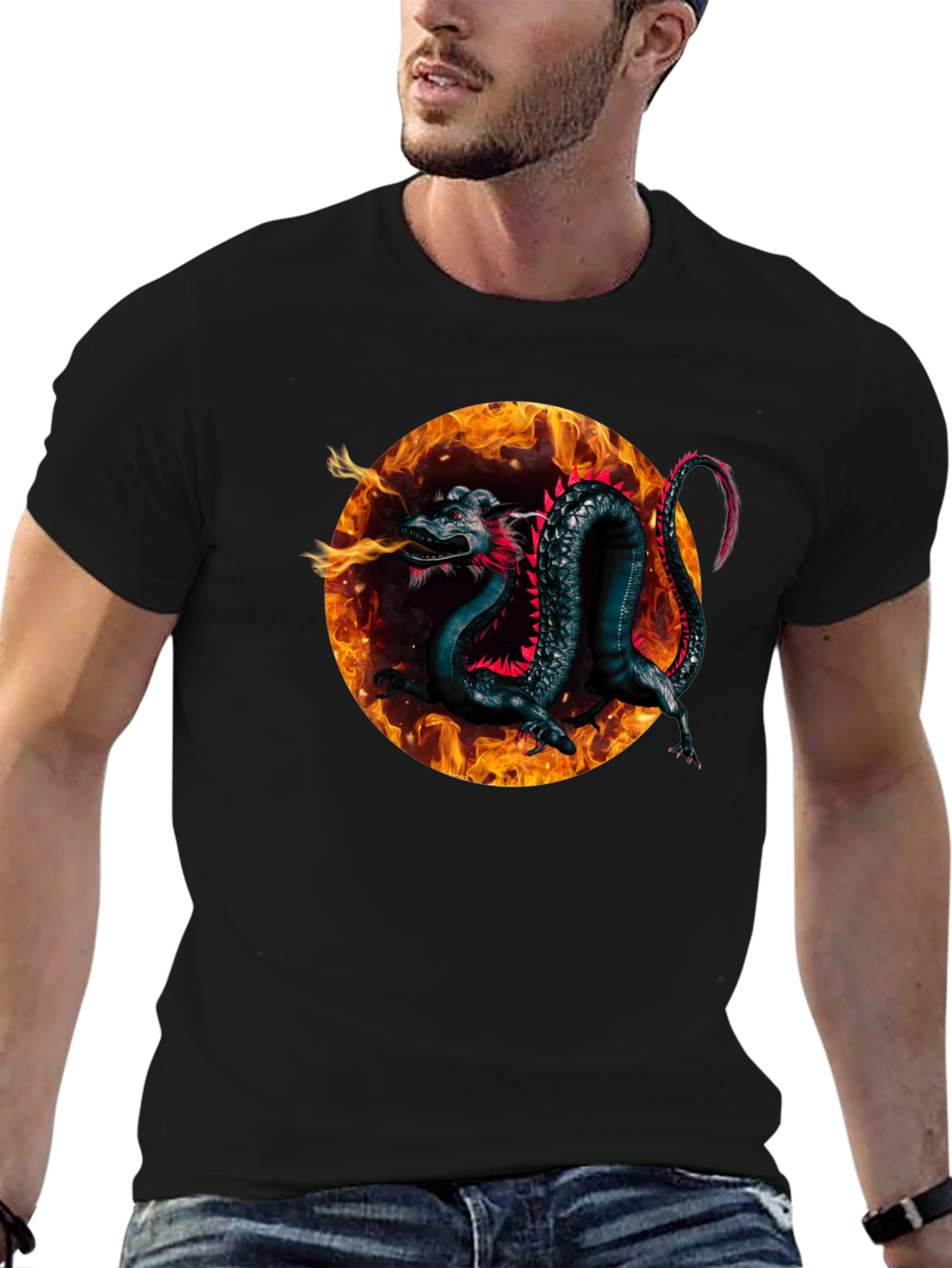 Black Fiery Dragon Graphic Black T-Shirt view 6