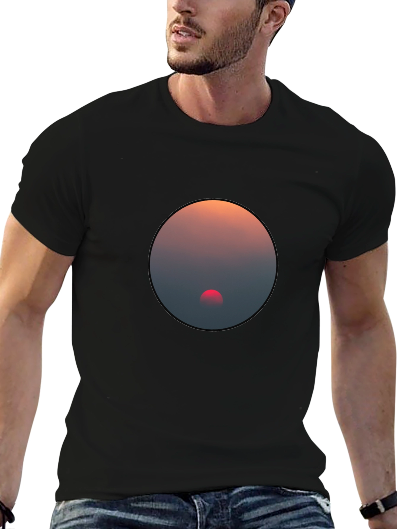 Black Sunset Circle Graphic Black T-Shirt view 6