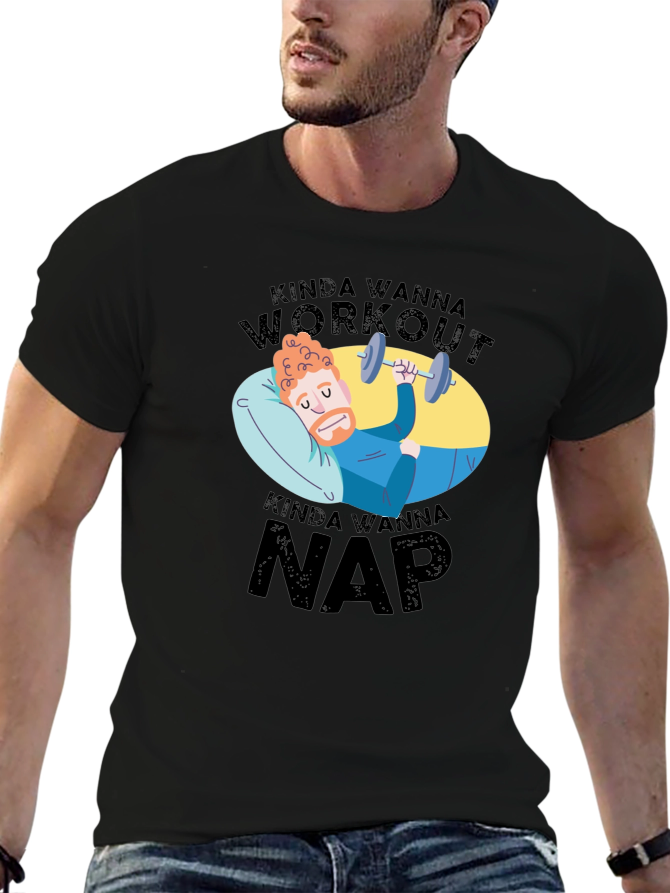 Black Kinda Wanna Workout Kinda Wanna Nap Funny T-Shirt view 6