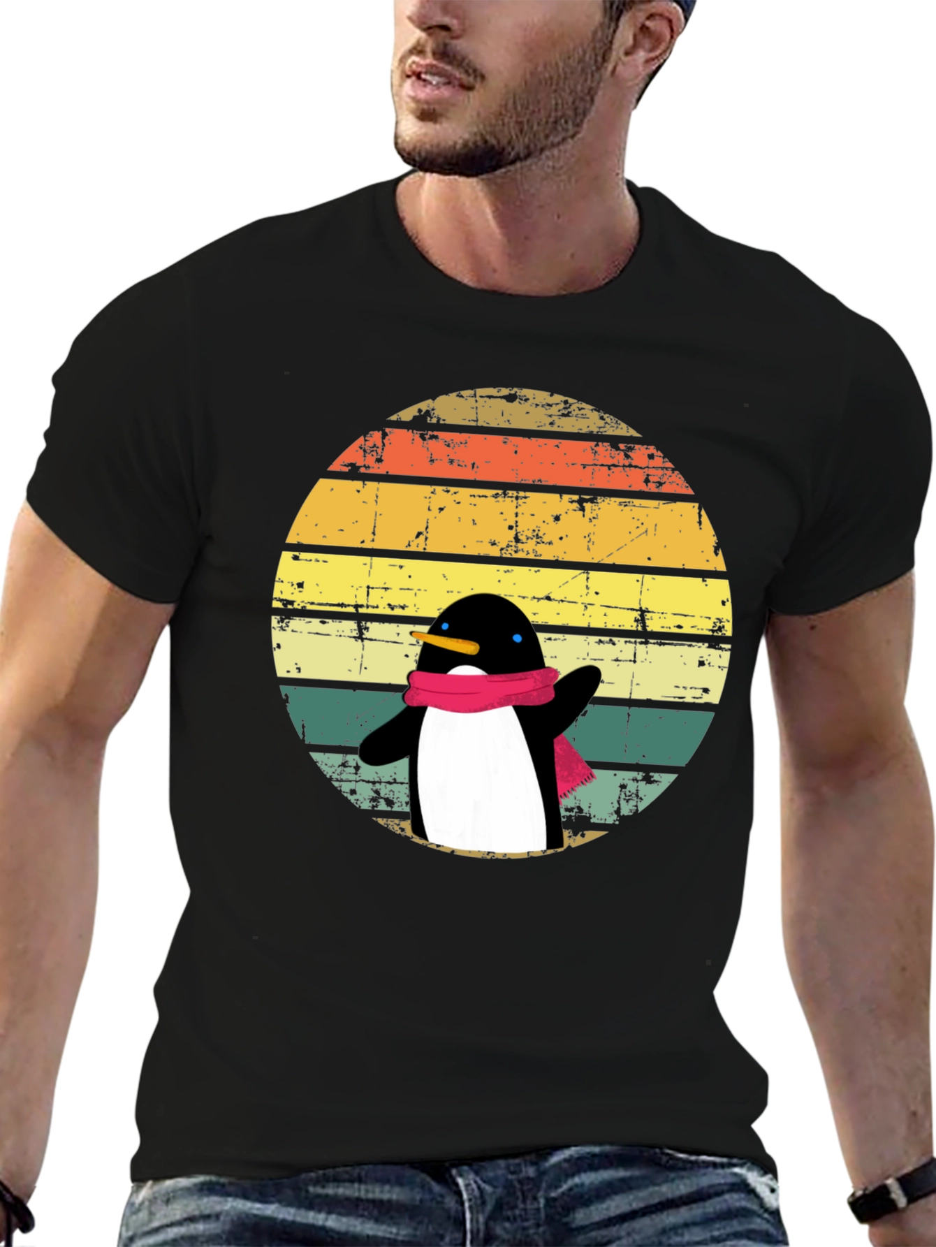 Black Penguin Dab T-Shirt: Retro Sunset Design view 6
