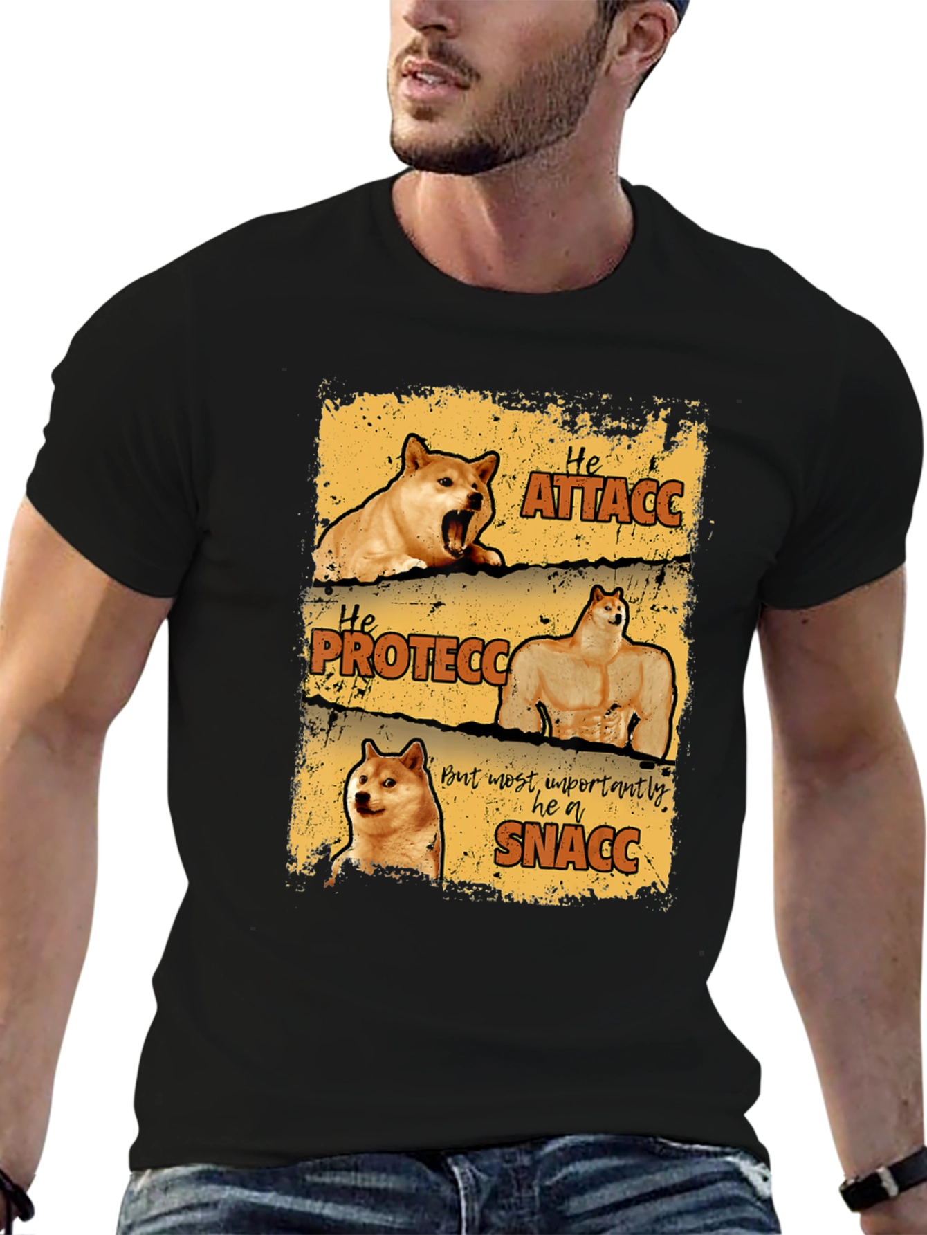Black He Protecc Attacc Snacc Doge Meme T-Shirt view 6