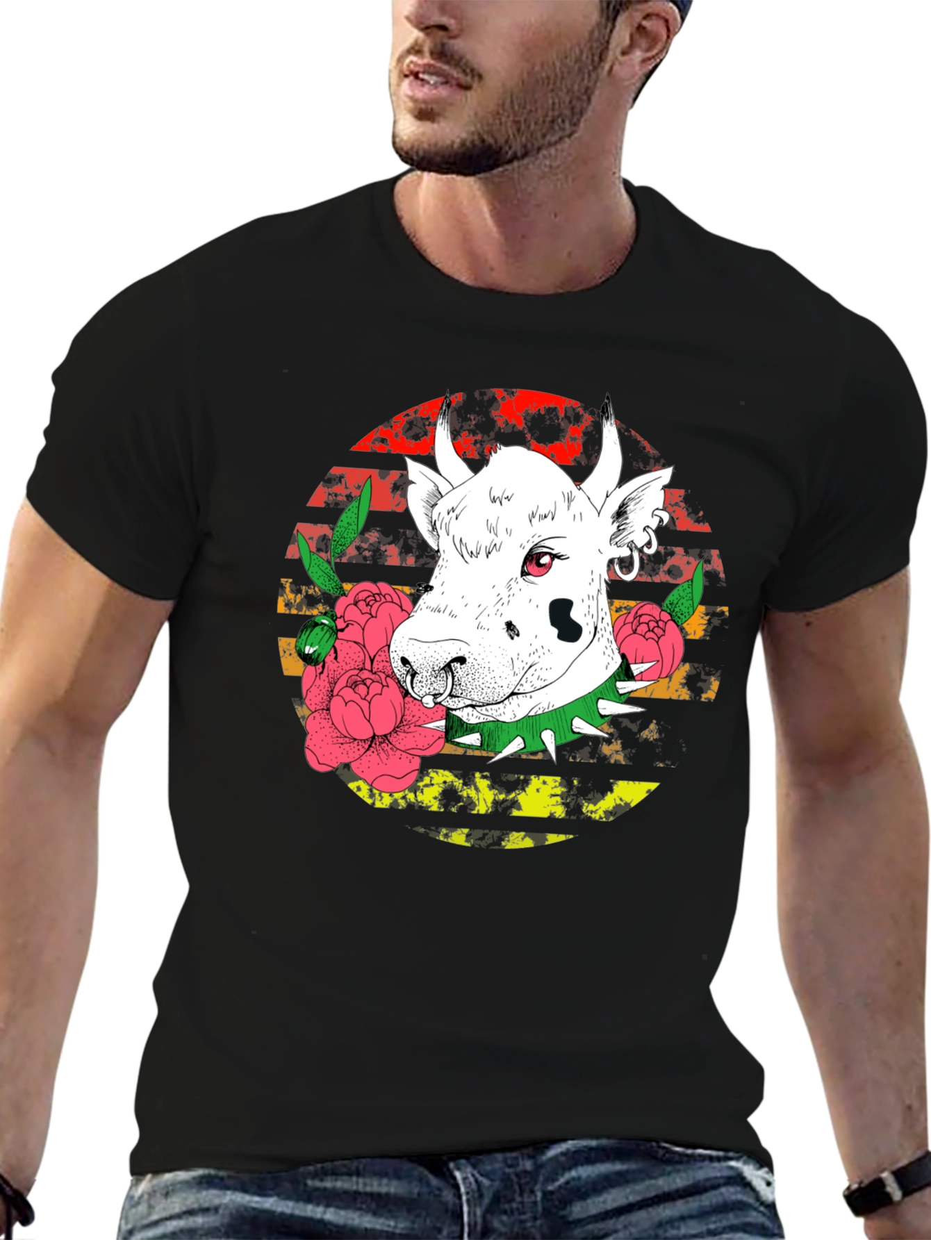 Black Edgy Cow Graphic Tee - Punk Rock Style view 6
