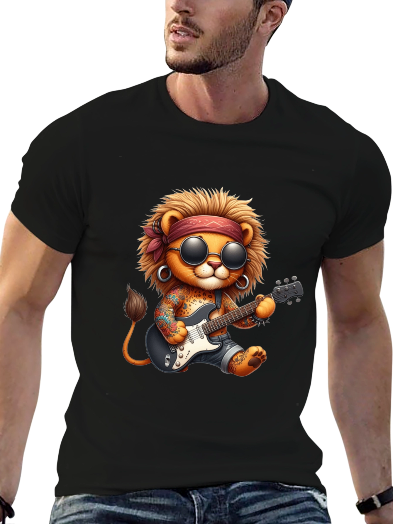 Black Cool Lion Guitarist Graphic Tee view 6