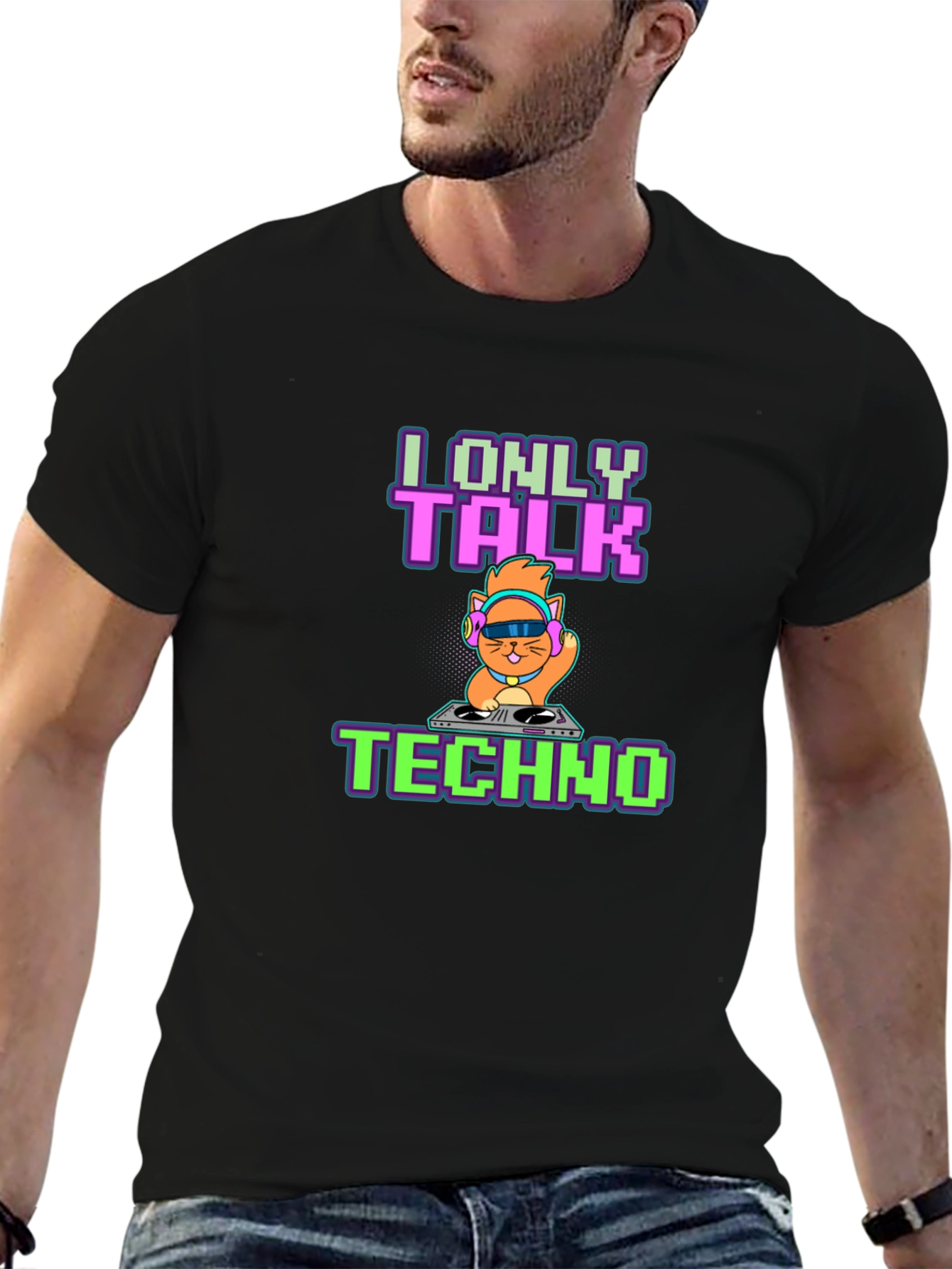 Black I Only Talk Techno DJ Cat Graphic Tee - Black view 6