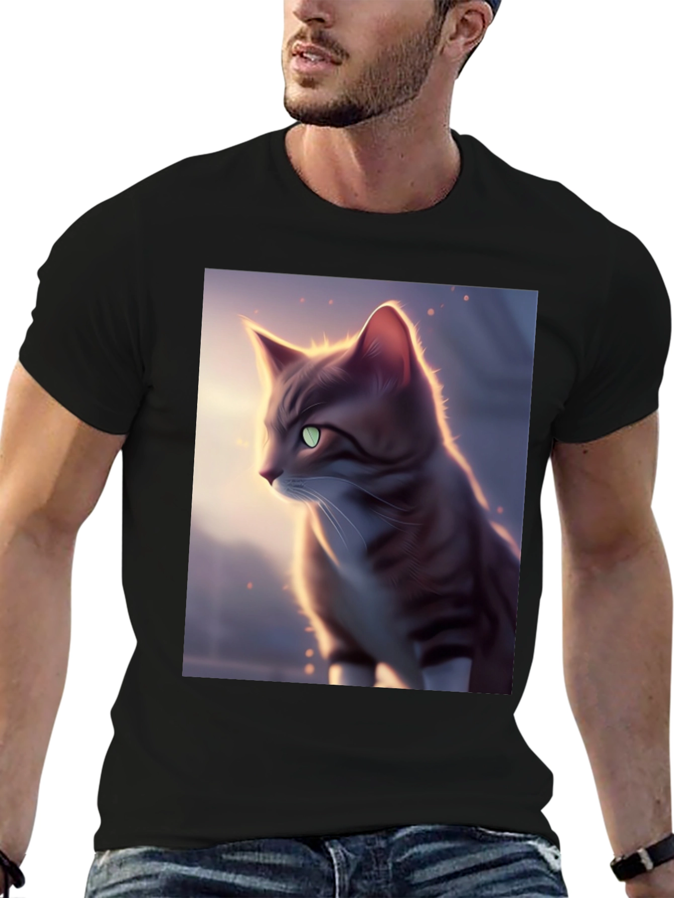 Black Artistic Cat Graphic Black T-Shirt view 6