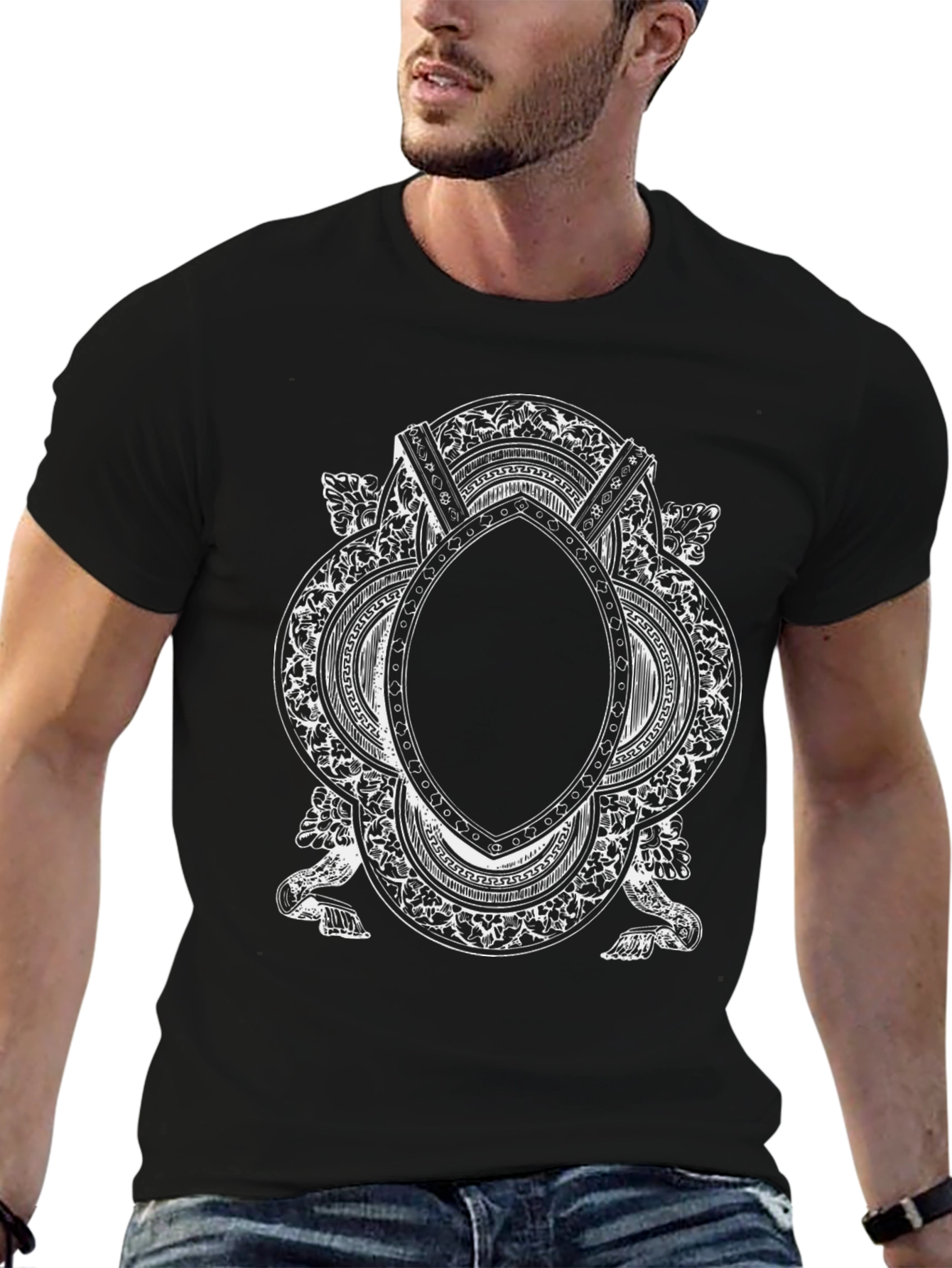 Black Ornate Frame Graphic Tee - Vintage Style Black T-Shirt view 6