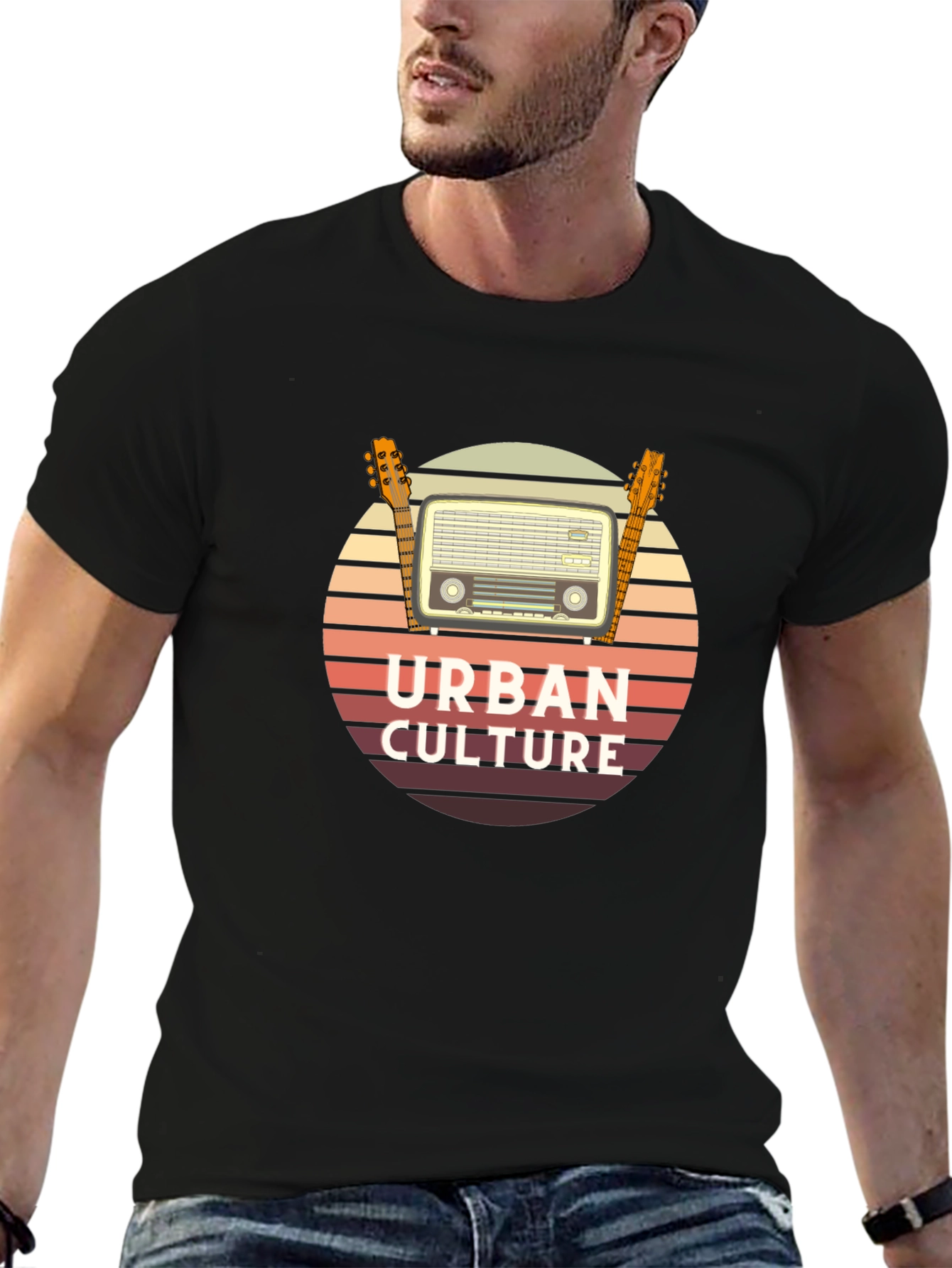 Black Urban Culture Retro Radio & Guitar T-Shirt view 6