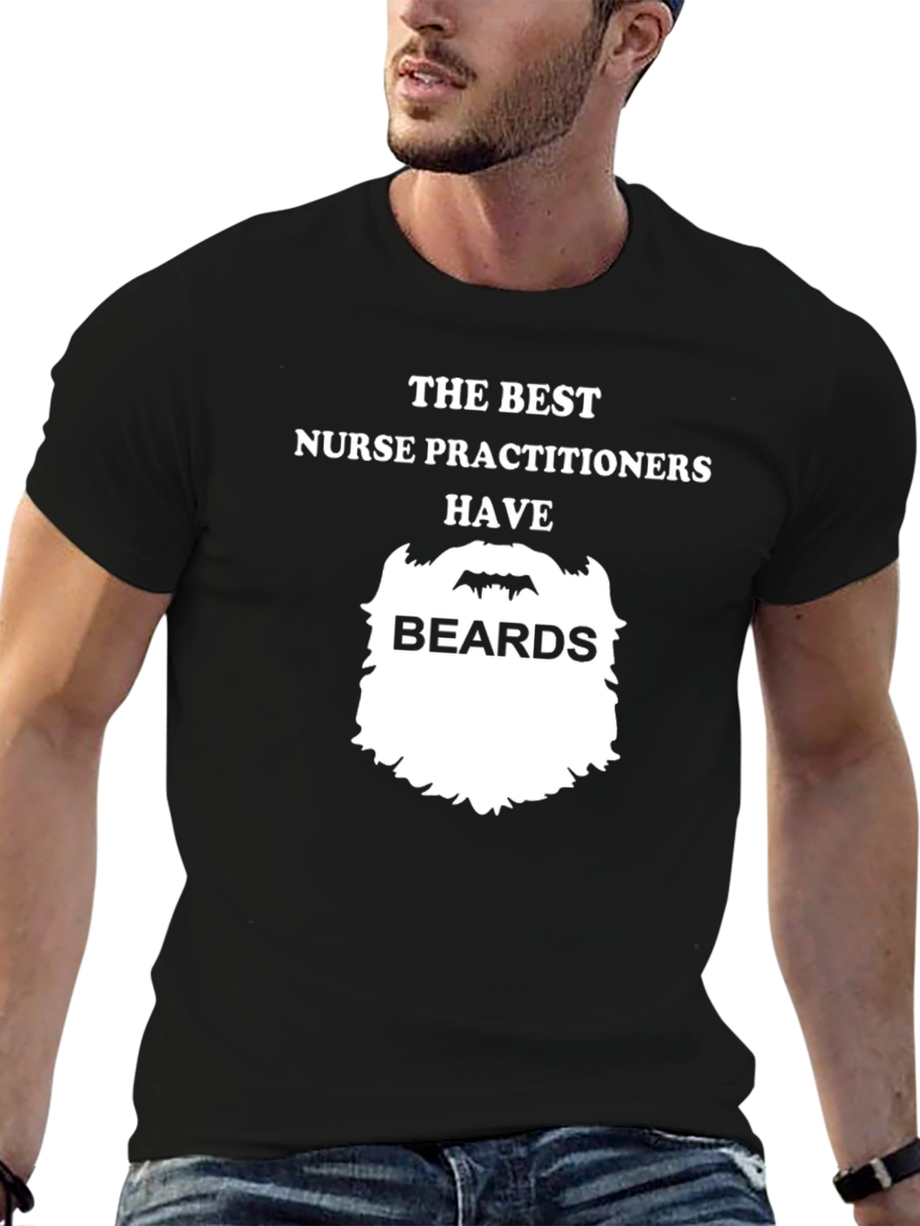 Black Bearded Nurse Practitioner T-Shirt - Black Cotton Tee view 6