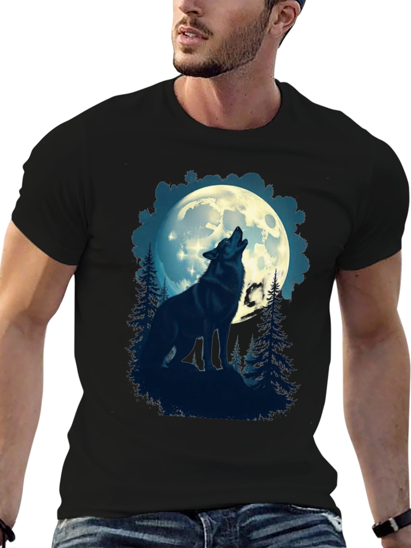 Black Wolf Howling at Moon Graphic T-Shirt view 6