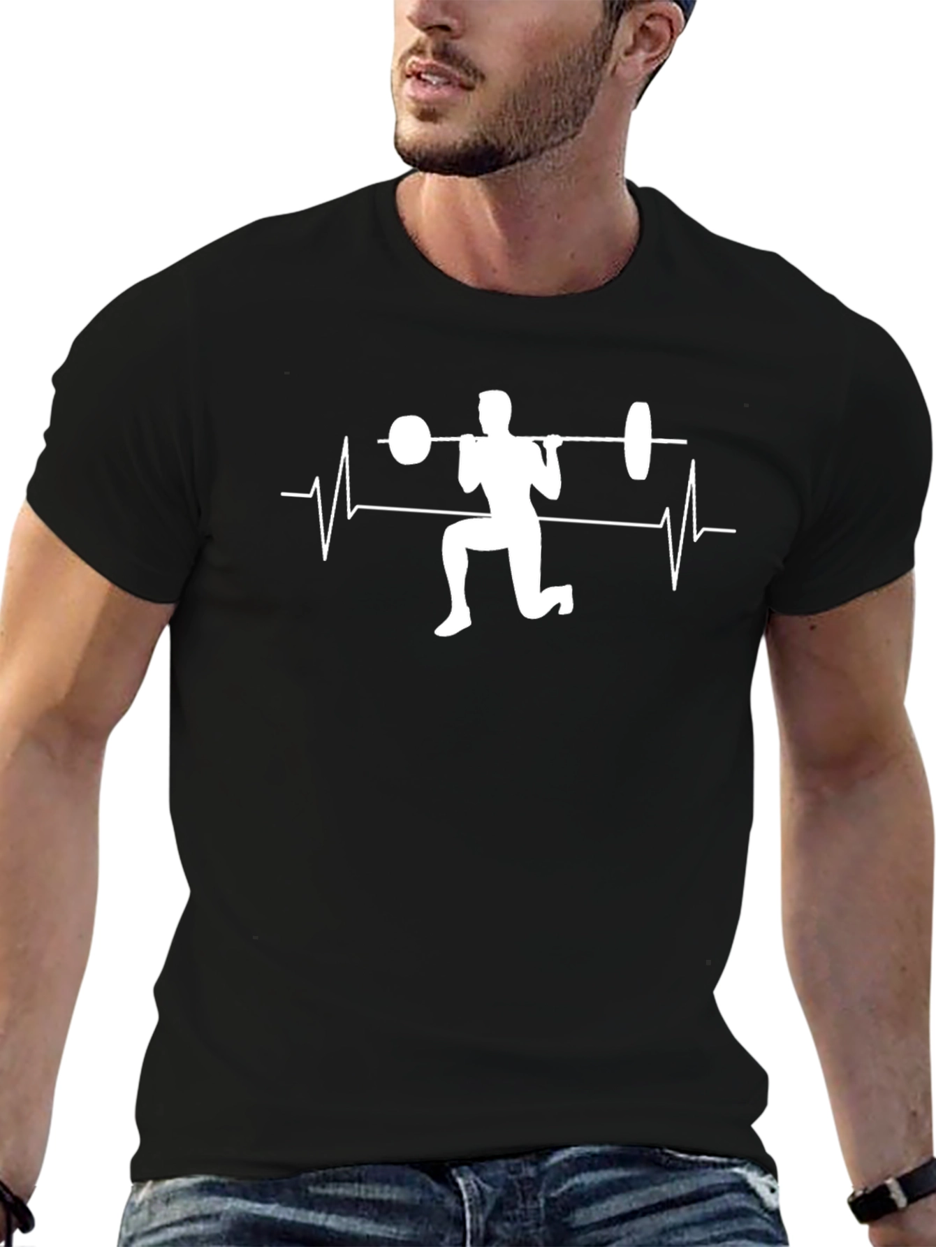 Black Fitness Heartbeat Barbell T-Shirt - Workout Motivation Tee view 6