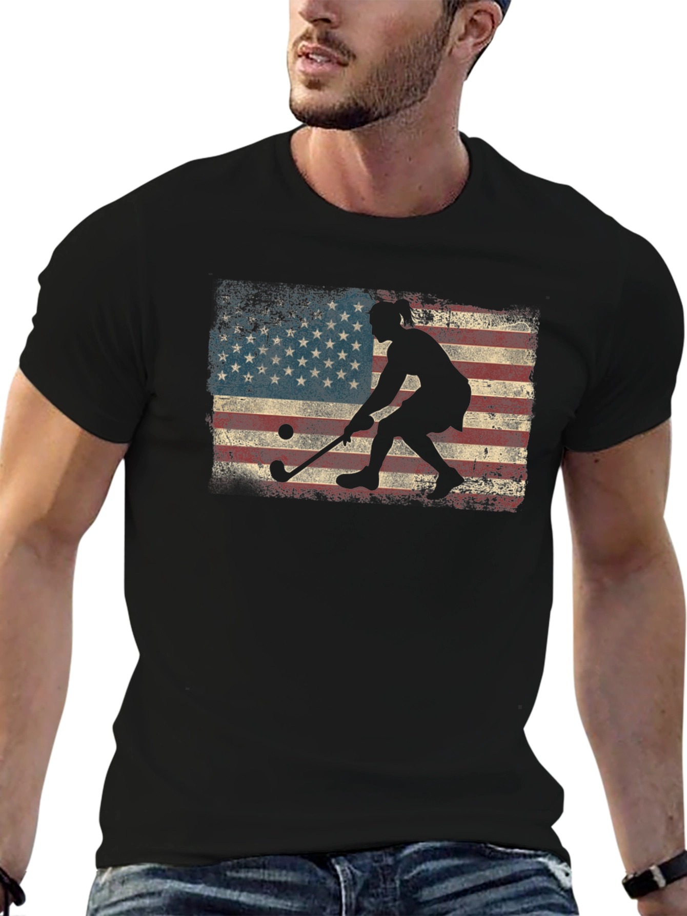 Black American Flag Field Hockey T-Shirt view 6