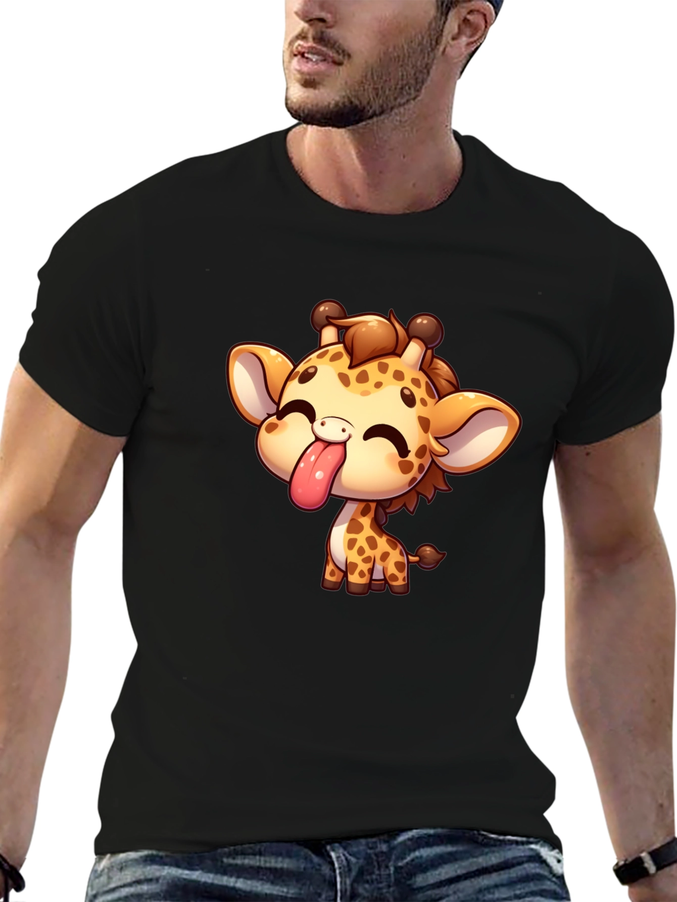 Black Cute Cartoon Giraffe Black T-Shirt view 6