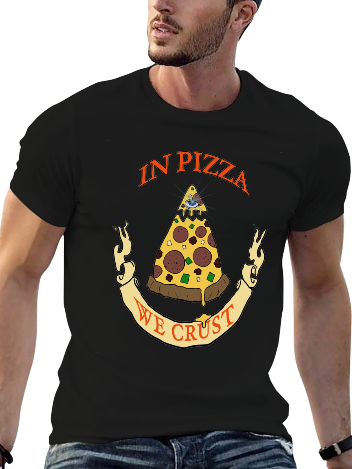 Black Pizza Graphic Tee - "In Pizza We Crust" Black Cotton T-Shirt view 6