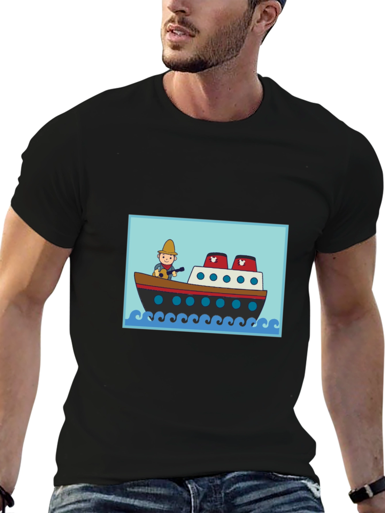 Black Cartoon Ship T-Shirt - Novelty Graphic Tee view 6
