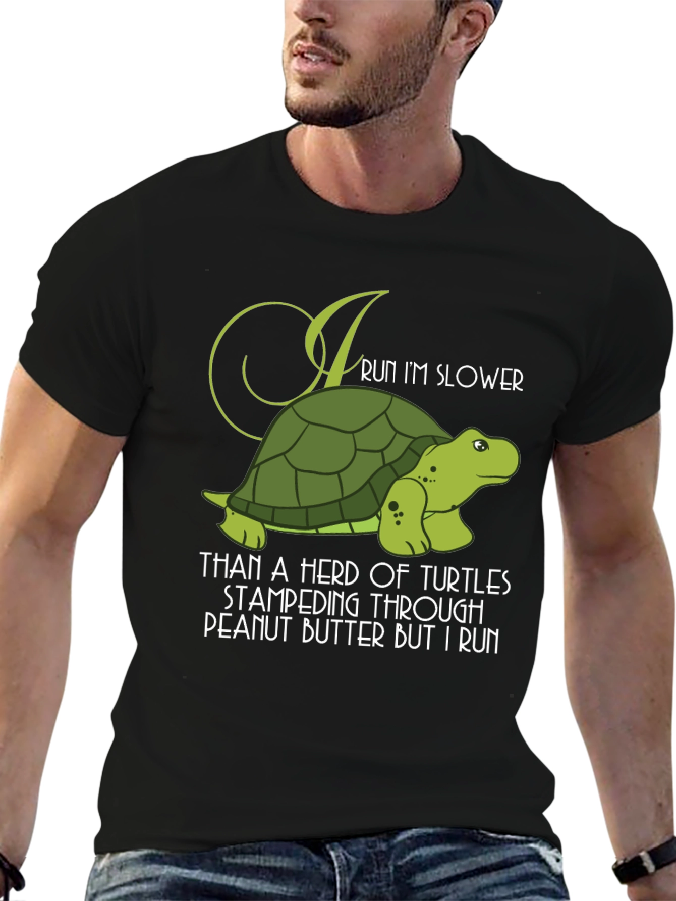 Black Funny Turtle Run Slower T-Shirt - Novelty Graphic Tee view 6