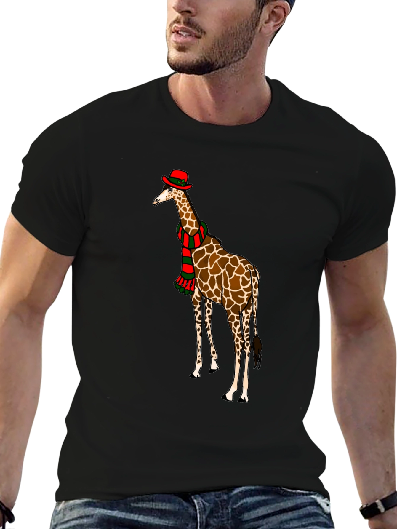Black Giraffe Christmas T-Shirt, Holiday Apparel view 6