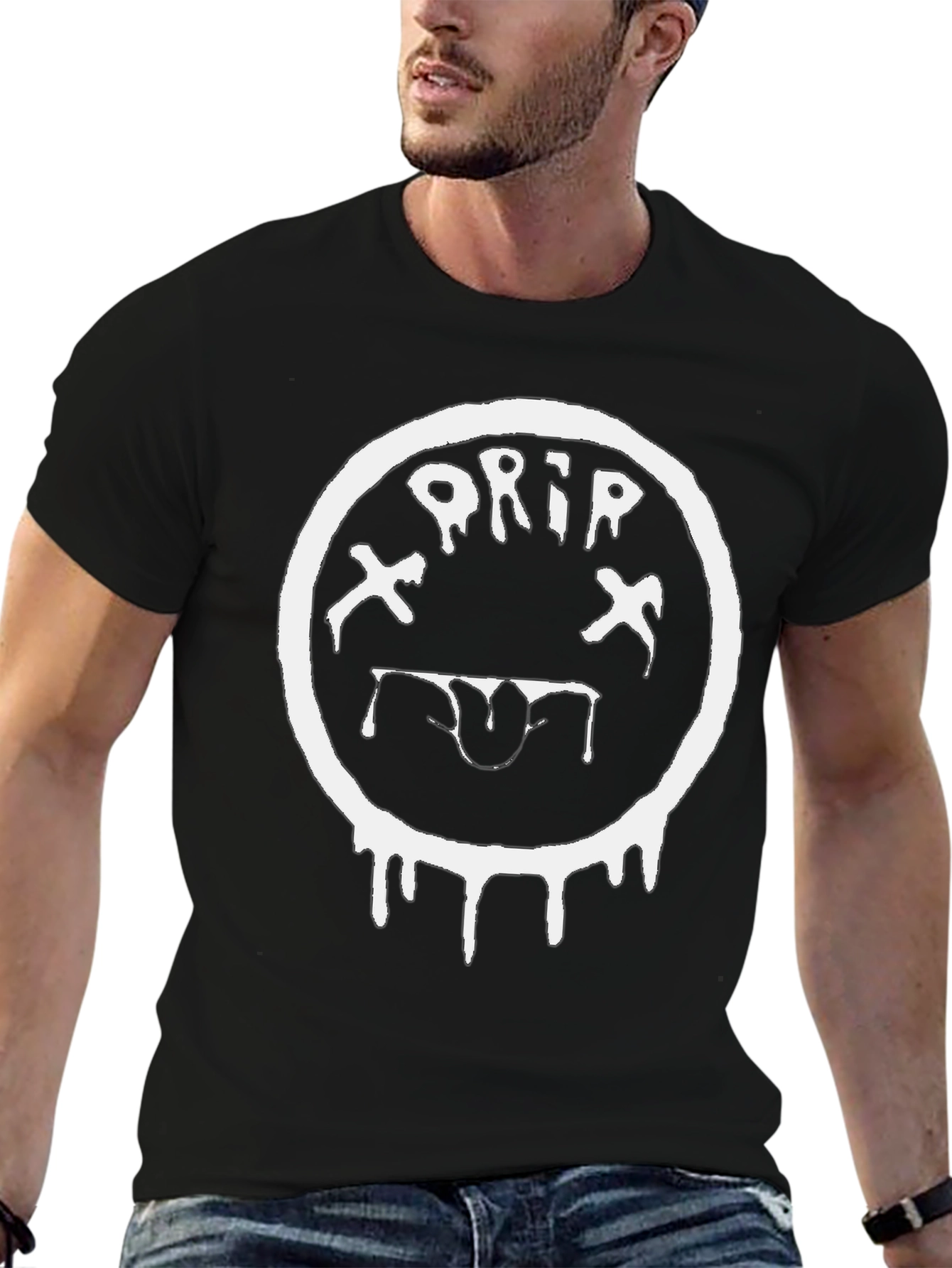 Black Drip Smiley Face Black T-Shirt - Unique Graphic Tee view 6