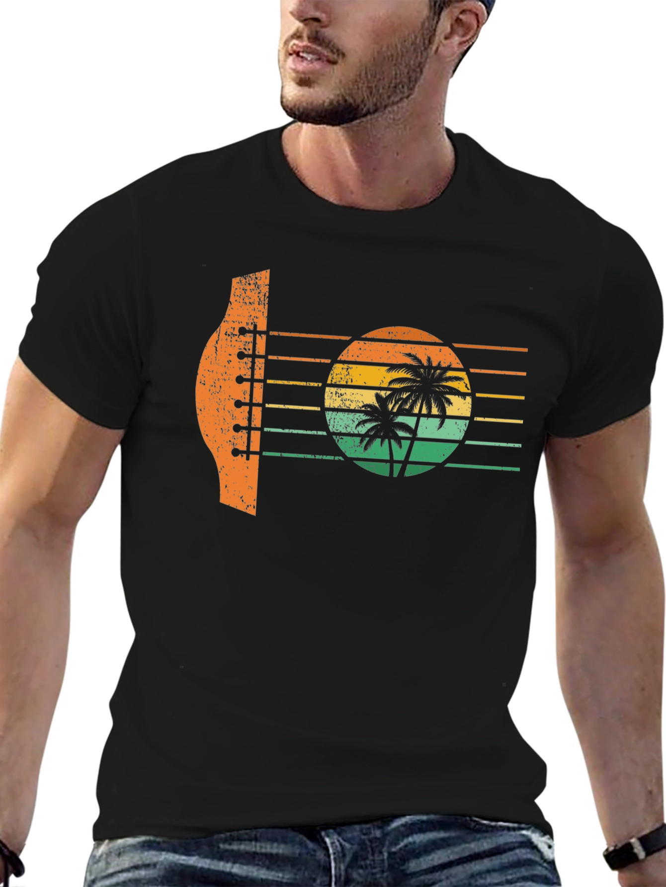 Black Retro Sunset Guitar Palm Tree Graphic T-Shirt view 6