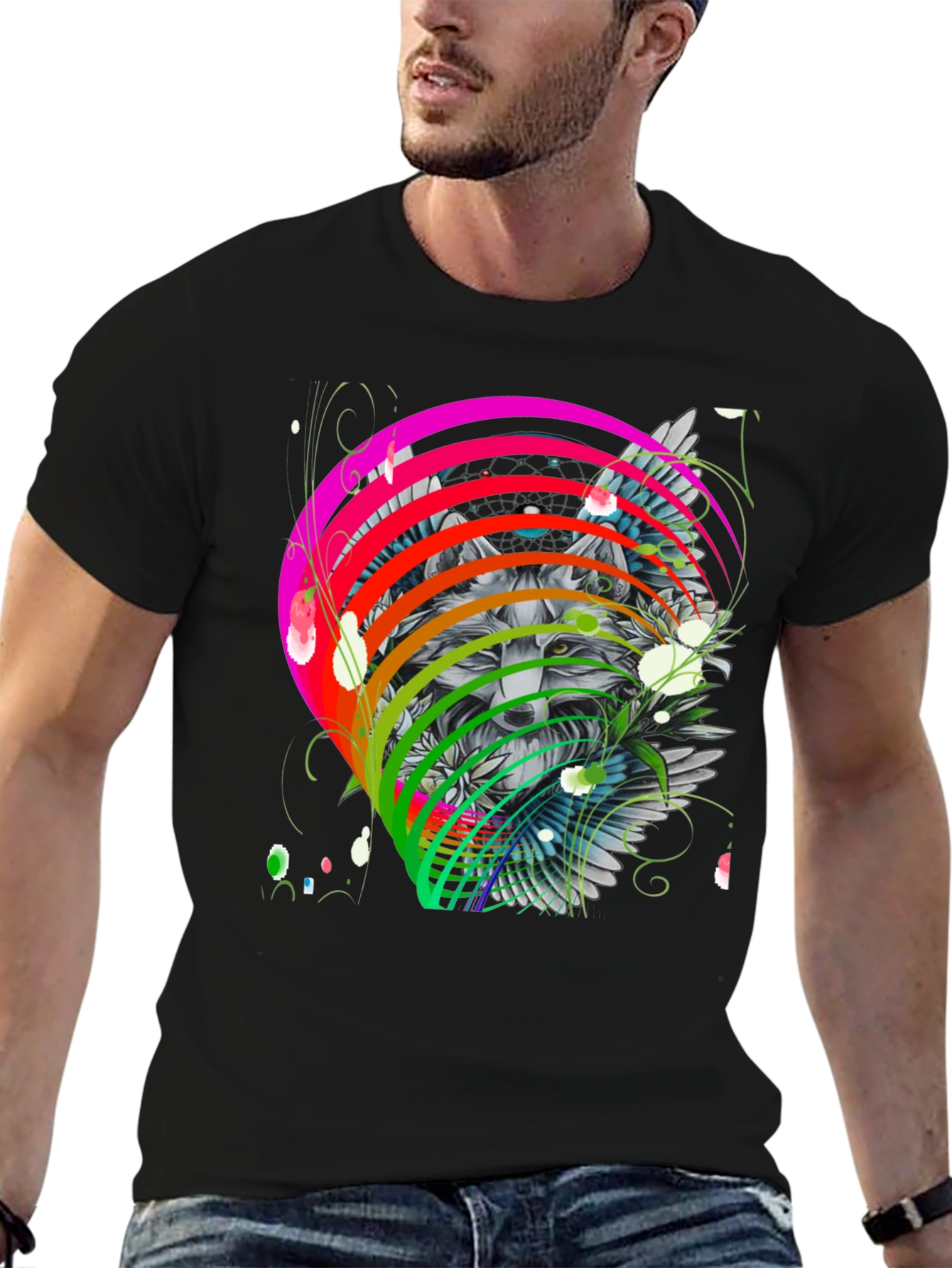 Black Wolf Rainbow T-Shirt - Men's Graphic Tee view 6