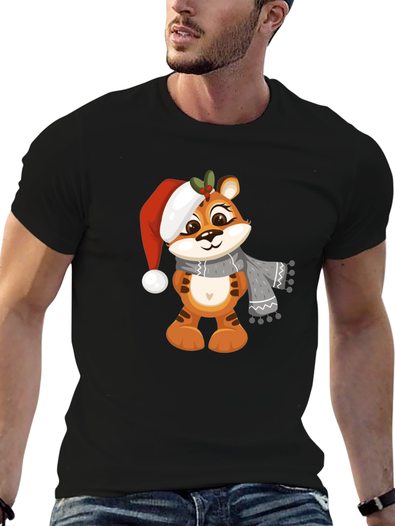 Black Cute Cartoon Tiger Christmas T-Shirt view 6