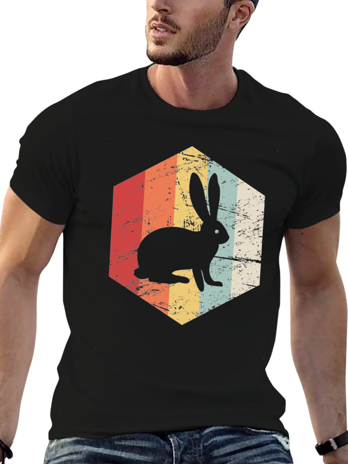 Black Retro Rabbit Graphic Tee - Vintage Style Shirt view 6