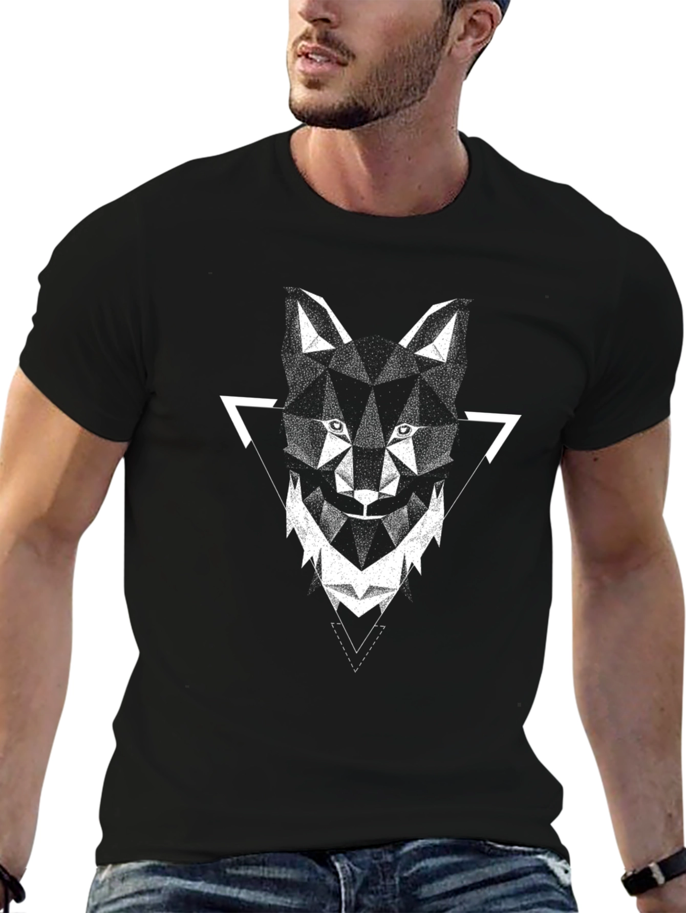 Black Geometric Wolf Graphic Tee - Modern Men's Shirt view 6
