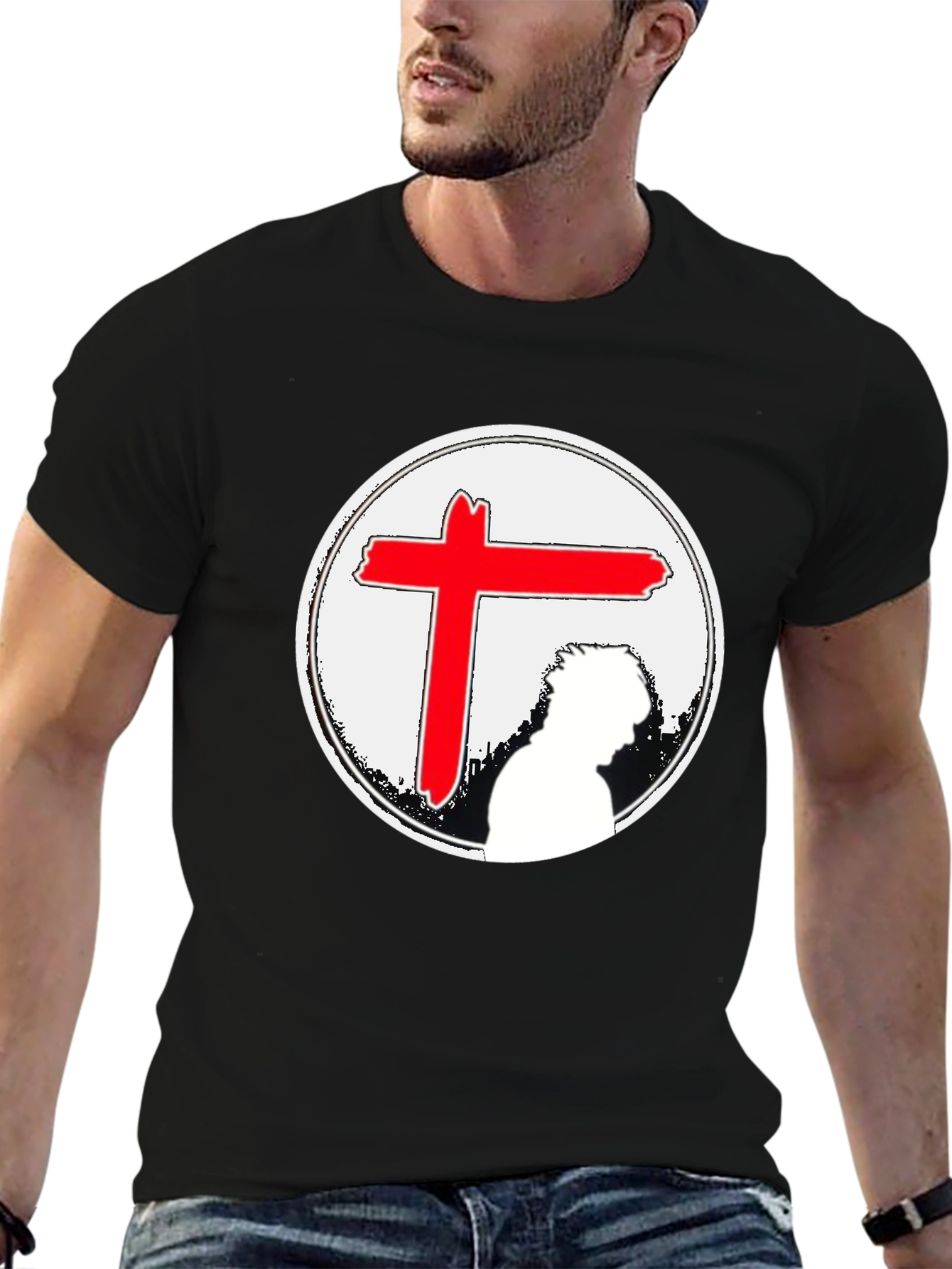 Black Graphic Tee with Red Cross & Figure view 6