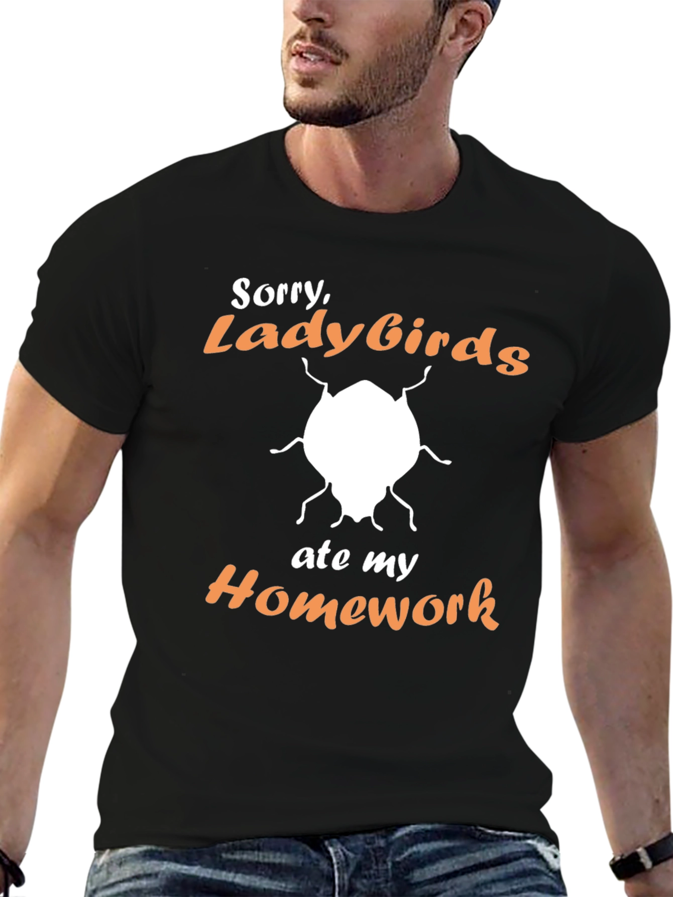 Black Funny "Ladybirds Ate My Homework" Graphic T-Shirt view 6
