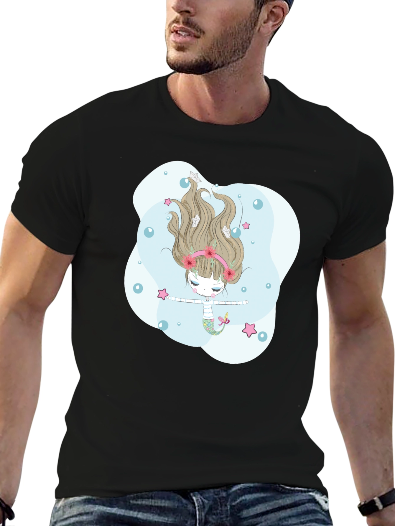 Black Mermaid Graphic Tee - Men's Black T-Shirt view 6