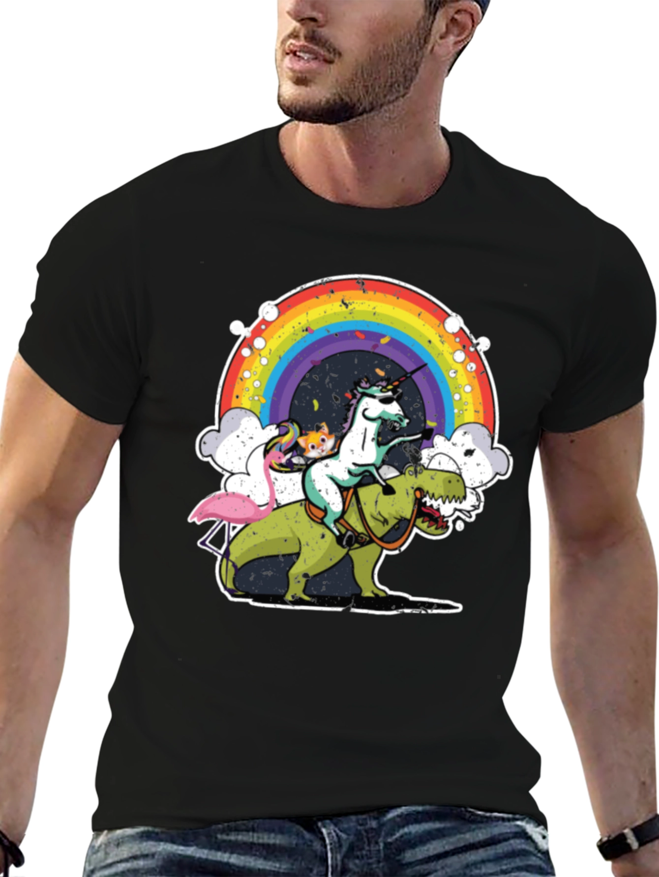 Black Unicorn Riding Dino T-Shirt Rainbow Funny Novelty Tee view 6