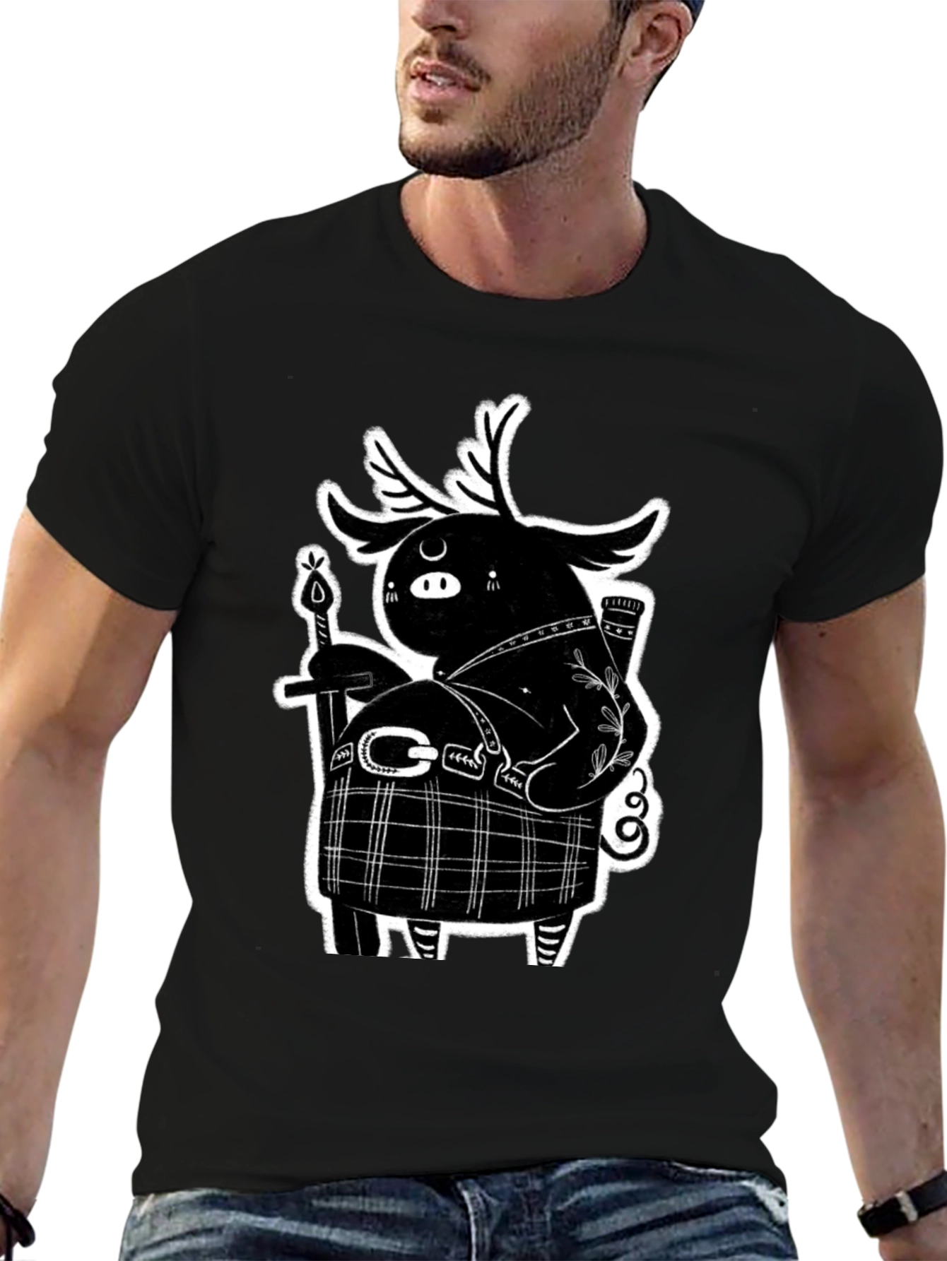 Black Black Graphic Tee - Quirky Highland Creature Design view 6